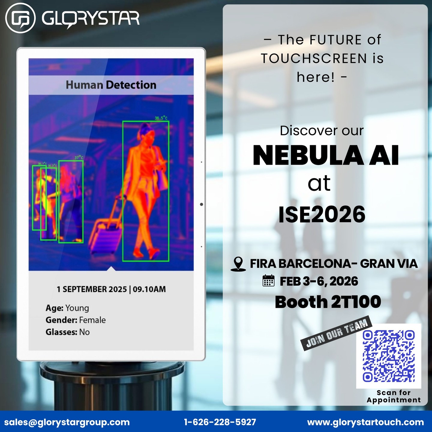 Exciting news for AV professionals! 🚀
Glory Star Group is thrilled to showcase our cutting-edge Nebula AI series at ISE 2026 in Barcelona (February 3-6)!
Experience the future of interactive kiosks with powerful on-device AI for facial recognition, object detection, personalized recommendations, and more – perfect for retail, hospitality, and smart environments.
Want a private demo?
📩 Email sales@glorystargroup.com to book an appointment
or Visit our Website:
https://www.glorystartouch.com/book-appointment
See you at the world's largest AV and systems integration show!
#ise2026 #avtechnology #aikiosk #integratedsystems #smarttech #glorystartouch #edgeai #spain❤️