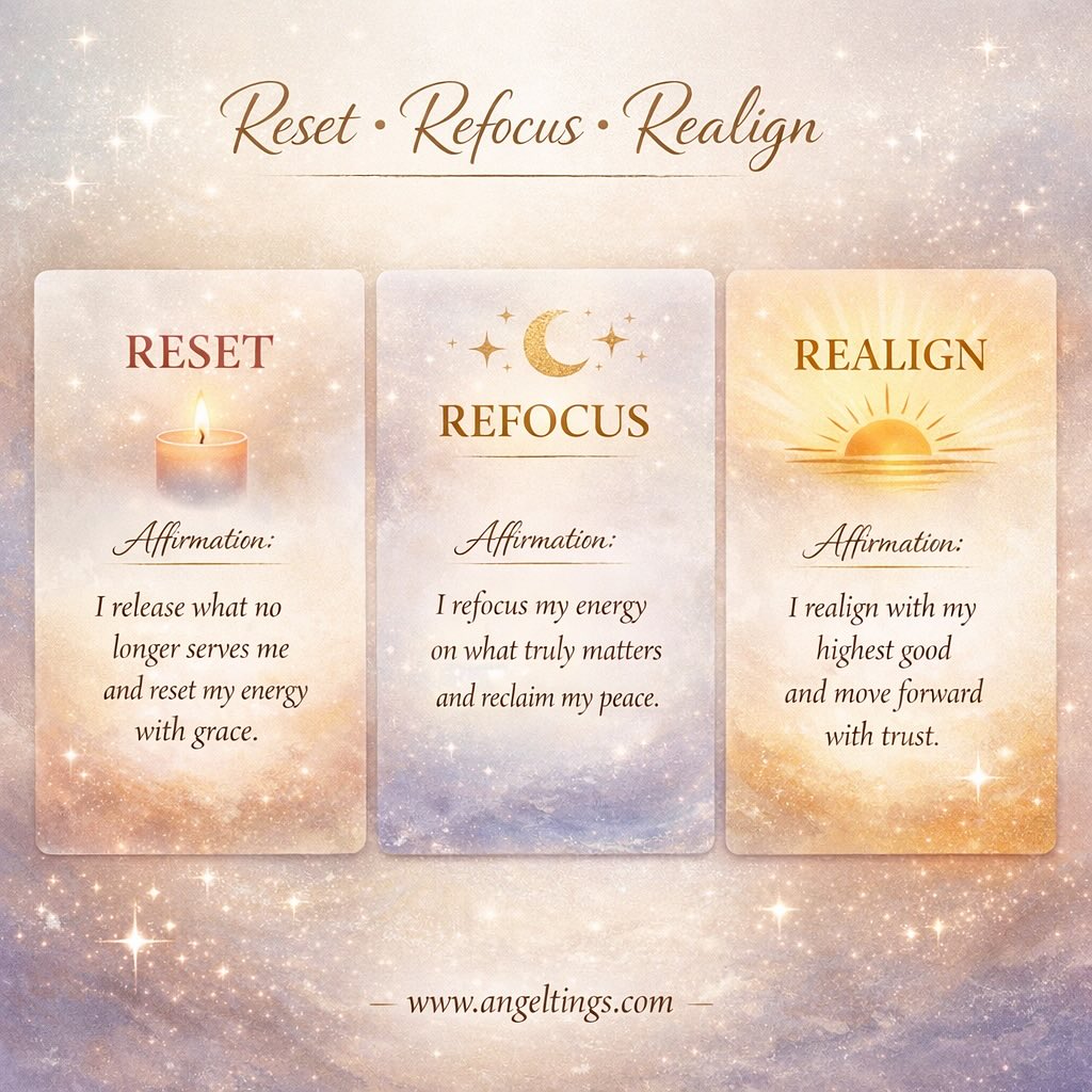 For the next 3 days we are preparing for the New Year in January our Wick & Wisdom Candle Subscription begins. Receive 3 candles each month at a discounted price for your spiritual well being each month has a different theme & January is Reset.Refocus.Realign
✨ Affirmation for Today (The Reset)
Intention: Reset
Today, I gently release what no longer serves me.
I forgive myself for what I outgrew, and I honor the lessons that brought me here.
I reset my energy with compassion, clarity, and grace.
🌙 Affirmation for New Year’s Eve (The Refocus)
Intention: Refocus
As this year closes, I refocus my energy on what truly matters.
I reclaim my peace, my power, and my priorities.
I choose alignment over distraction and truth over habit.
🌅 Affirmation for New Year’s Day (The Realign)
Intention: Realign
I step into this new year aligned with my highest good.
My mind is clear, my heart is open, and my path is divinely supported.
I move forward in balance, intention, and trust.
