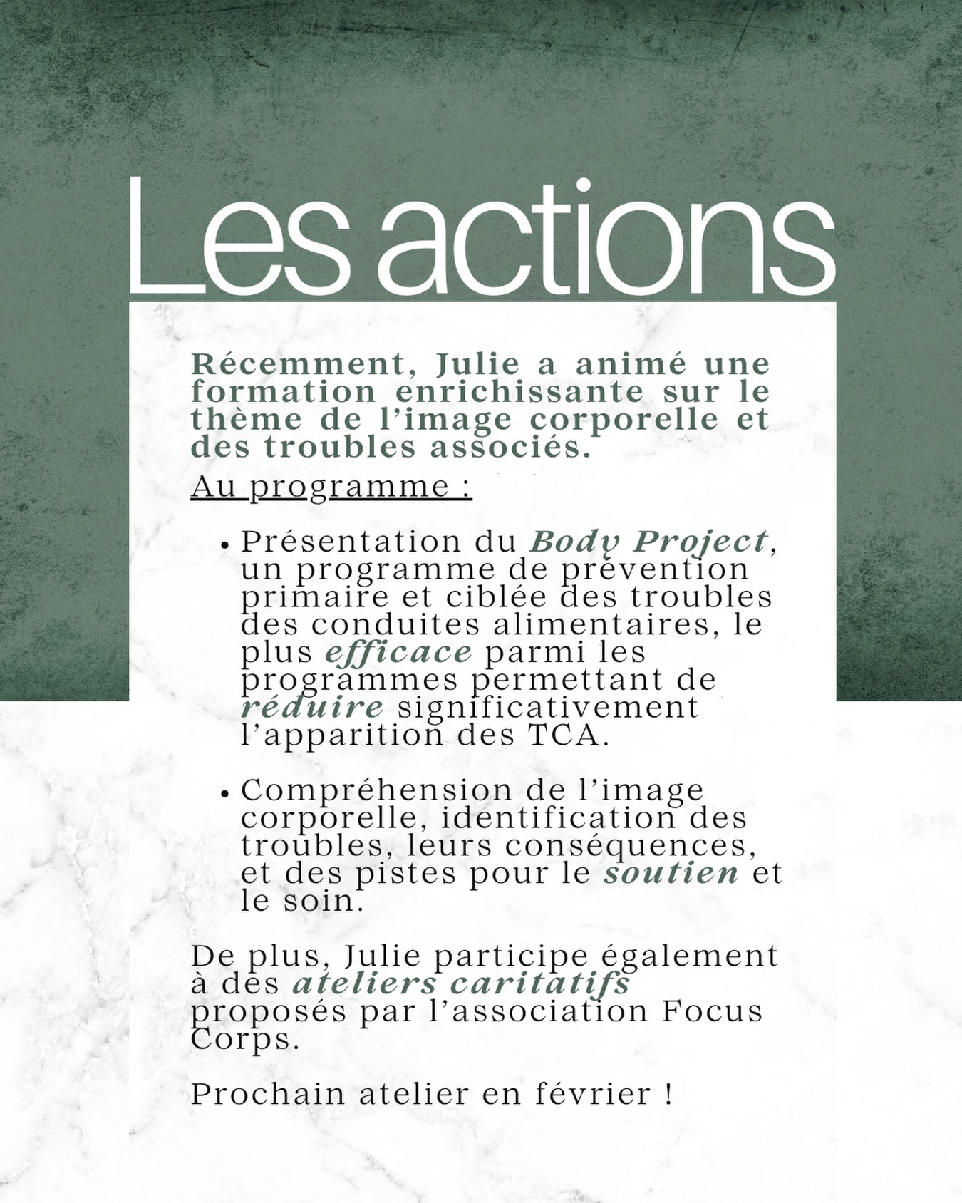 Retrouvez Julie Parisot lors d’ateliers et en consultation sur son site internet (toutes les infos sont sur le site internet, rubrique « annuaire des pros », lien dans la bio)