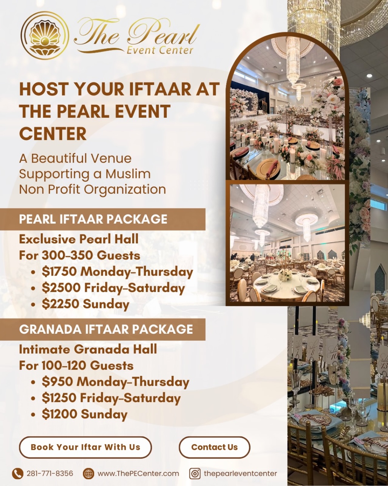 🌙✨ Ramadan 2025 Iftar Specials at The Pearl Event Center ✨🌙
Make your Ramadan gatherings memorable with our exclusive Iftar rental packages, perfect for personal iftars with family & friends 🤍
💎 Pearl Iftar Package
✔️ 300–350 Guests
• $1500 Mon–Thu
• $2500 Fri–Sat
• $2250 Sunday
🌟 Granada Iftar Package
✔️ 100–120 Guests
• $1000 Mon–Thu
• $1500 Fri–Sat
• $1200 Sunday
✔️ Glass tables & chairs included
📍 951 Tristar Dr, Webster, TX 77598
📞 Call/Text: 281-815-0923
📅 Limited dates available — Book Now and celebrate Ramadan in an elegant setting 🌙✨
#Ramadan2025 #IftarGathering #PearlEventCenter #RamadanSpecial #IftarWithFamily WebsterTX HoustonEvents
