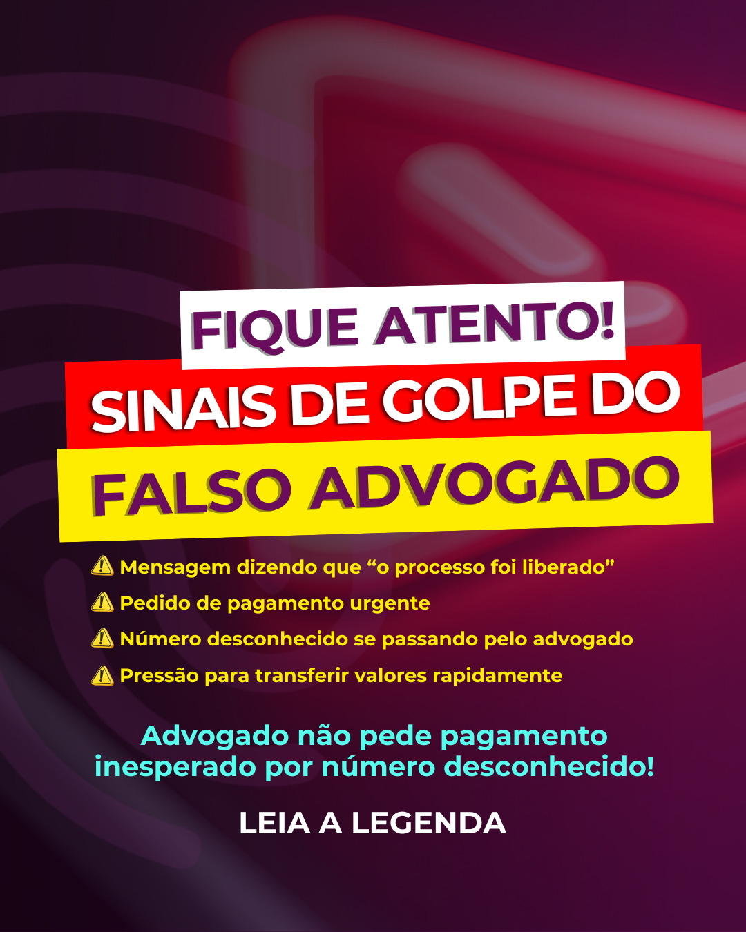 O golpe do falso advogado tem se tornado cada vez mais comum.
Criminosos entram em contato se passando pelo advogado ou pelo escritório, alegando liberação de valores, andamento urgente do processo ou necessidade imediata de pagamento.
Alguns sinais de alerta:
⚠️ Contato feito por número diferente do habitual
⚠️ Mensagens com tom de urgência ou pressão
⚠️ Pedido de transferência ou Pix inesperado
⚠️ Falta de explicações claras ou documentos oficiais
Por isso, é essencial que o cliente tenha salvo o número oficial do seu advogado e confirme qualquer informação antes de realizar pagamentos.
📌 Número oficial do nosso escritório:
WhatsApp (19) 98900-8424
Não entramos em contato por outros números.
Na dúvida, pare, confirme e questione.
Educação digital também é proteção.
#golpefalsoadvogado #segurancadigital #direitodigital #WhatsApp #Instagram #AnnaMedeirosAdv #AnnaMedeiros