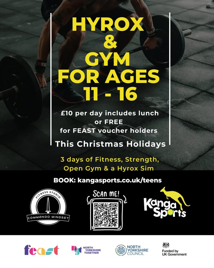 STILL SOME PLACES AVAIALBLE FOR BLOCK 2 NEXT WEEK
Aged 11 - 16? Interested in fitness and strength training? Join Kanga Sports and Commando Mindset Fitness Studio this Christmas for 3 days of Gym and Hyrox training. Lunch is included. Book https://zurl.co/Z46u6 Plus fully funded places available for those eligible for free school meals with a FEAST voucher.
Monday 29th, Tuesday 30th December and a Hyrox Sim for everyone on Friday 2nd January.