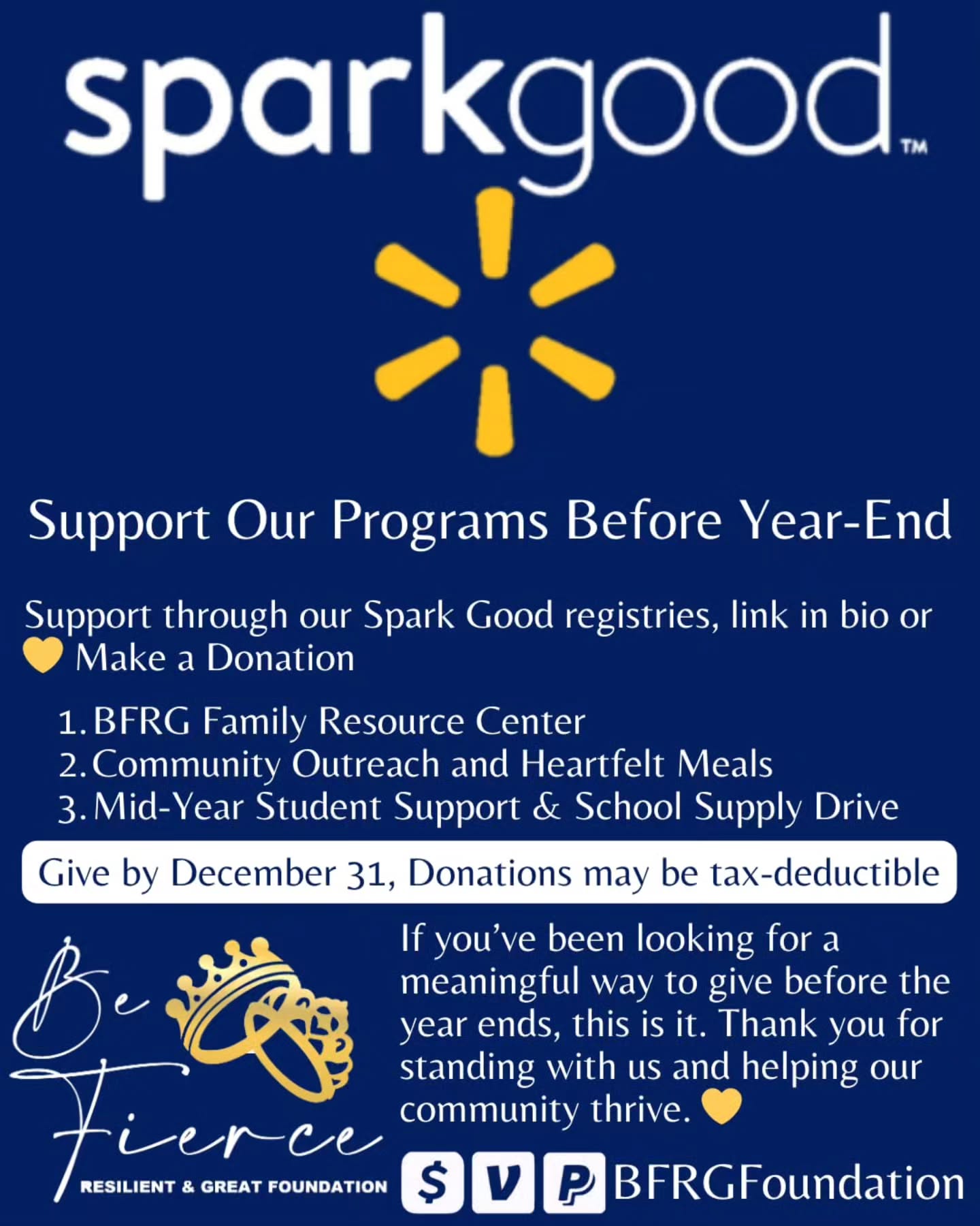 As we close out the year, we’re inviting our community to help us continue serving families, youth, and individuals in need.
Supporting our programs is easy — you can purchase items directly from our Spark Good registries or make a monetary donation. Every contribution helps us provide essential resources, education, and support to our community. #YearEndGiving #TaxDeductibleDonation
#SparkGood #SupportOurCommunity
#CommunitySupport