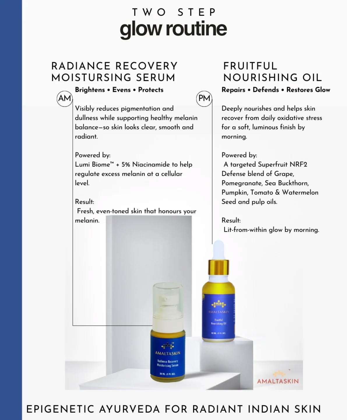 Two steps. One unmistakable glow
AM: Radiance Recovery Moisturising Serum
PM: Fruitful Nourishing Oil
Balanced melanin. Deep nourishment. Radiant Indian skin—day to night. #balancedmelanin #twostepglow #epigeneticayurveda #indianskincare #melaninrespect amaltaskin