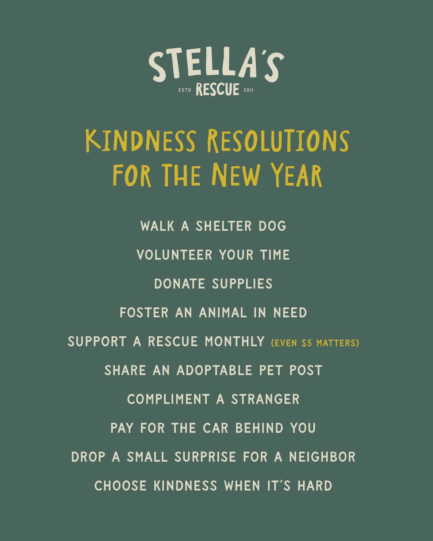 We don’t need a new you. We just need a kinder world for animals and people.
If you’re thinking about New Year’s goals, here are a few that make a difference:
Walk a shelter dog
Volunteer your time
Donate supplies
Foster an animal in need
Support a rescue monthly (even $5 matters)
Share an adoptable pet post
Compliment a stranger
Pay for the car behind you
Drop a small surprise for a neighbor
Choose kindness when it’s hard
Small acts change lives, especially for animals who cannot ask for help themselves.
Here’s to a year of compassion, second chances, and big hearts.
Save this post, take a screenshot, and let us know when you complete your list. We would love to celebrate it with you.
If you would like to start today, we would love to have you involved at Stella’s Rescue. Send us a DM or visit our website.
#NewYearNewHearts #AdoptDontShop #RescueLove #StellasRescue #WinstonSalem #DoSomethingKind #AnimalsDeserveLove