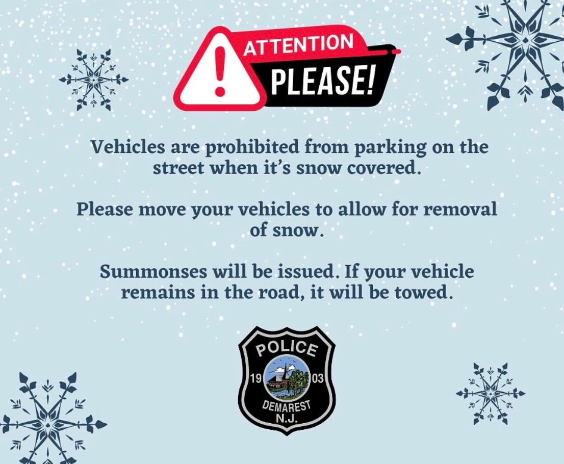 Snow is expected tomorrow with several inches of accumulation.
We kindly ask residents to keep vehicles off the roads so Public Works can clear the streets quickly and safely.
Thank you, stay safe, and enjoy the snow ❄️