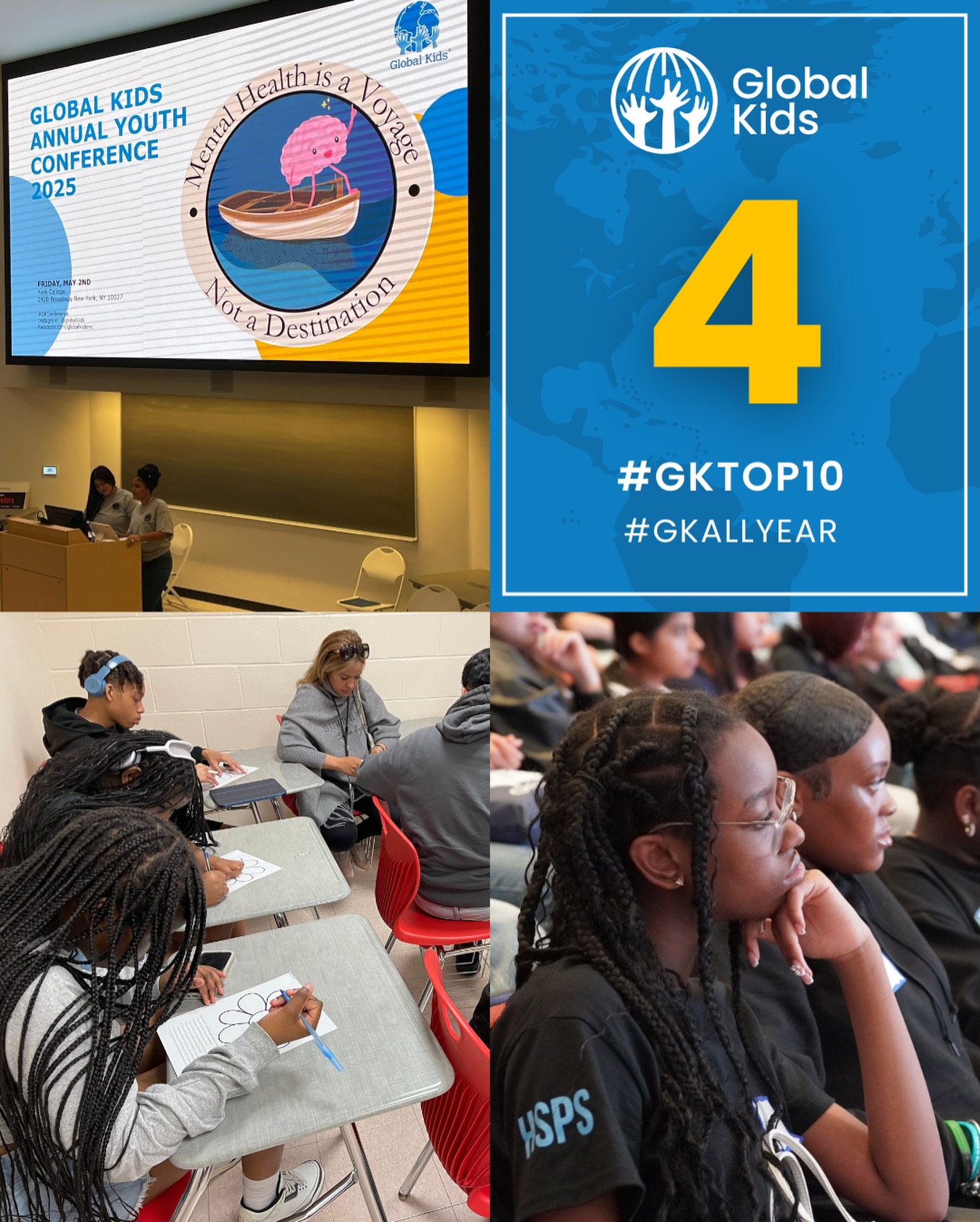 In May, Global Kids youth leaders brought their vision to life at the Annual Youth Conference at York College. Centered on mental health awareness, this year’s student-selected theme explored the intersection of education, global policy, and wellness while challenging stigmas around psychological and behavioral health. From designing the conference logo to leading interactive workshops and performances, youth organizers demonstrated the power of leadership, creativity, and peer-driven change.
The conference highlighted the importance of safe spaces where young people can speak openly, support one another, and lead conversations that matter.
#youth #celebrate #GKAlIDay #empowerment #future #leaders #youthvoices #nycnonprofit #leadership
