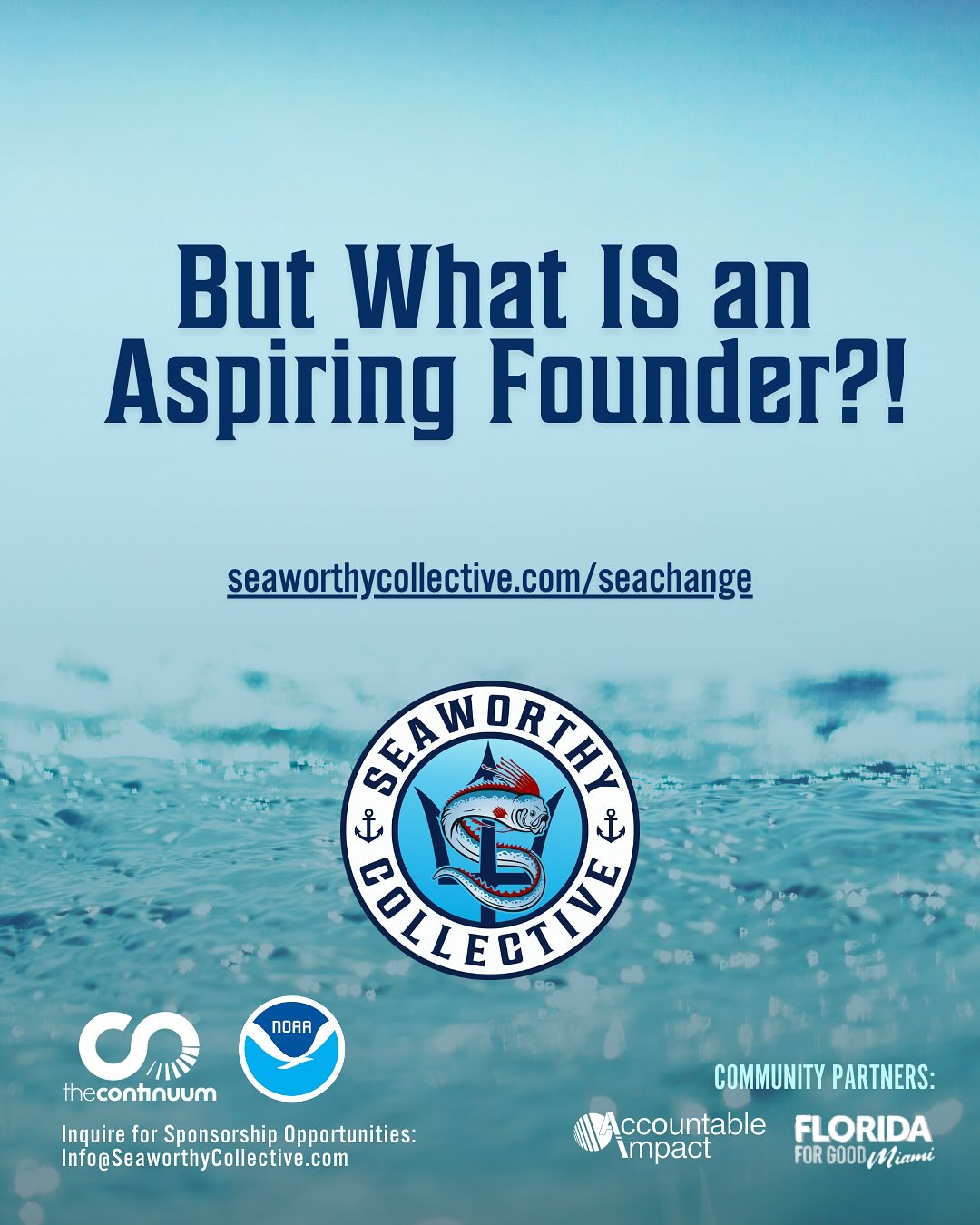 Seaworthy Collective is a Miami-based 501c3 nonprofit that supports current and aspiring entrepreneurs driving innovation for ocean impact (AKA BlueTech). Our mission is to bring all hands on deck for BlueTech, via programs to co-create and grow early-stage startups, build regional capacity, and educate our community.
In support of our mission of bringing all hands on deck for BlueTech, Seaworthy builds cohorts of two types of participants:
🌊Current founders growing their existing early-stage startups
🌊Aspiring founders co-creating a new startup with Seaworthy
Applications for cohort 7 close January 28th. Don’t wait to apply! Click the link in the bio.
#seaworthycollective #entrepreneur #aspiringfounder #startupincubator #blueeconomy #thecontinuum