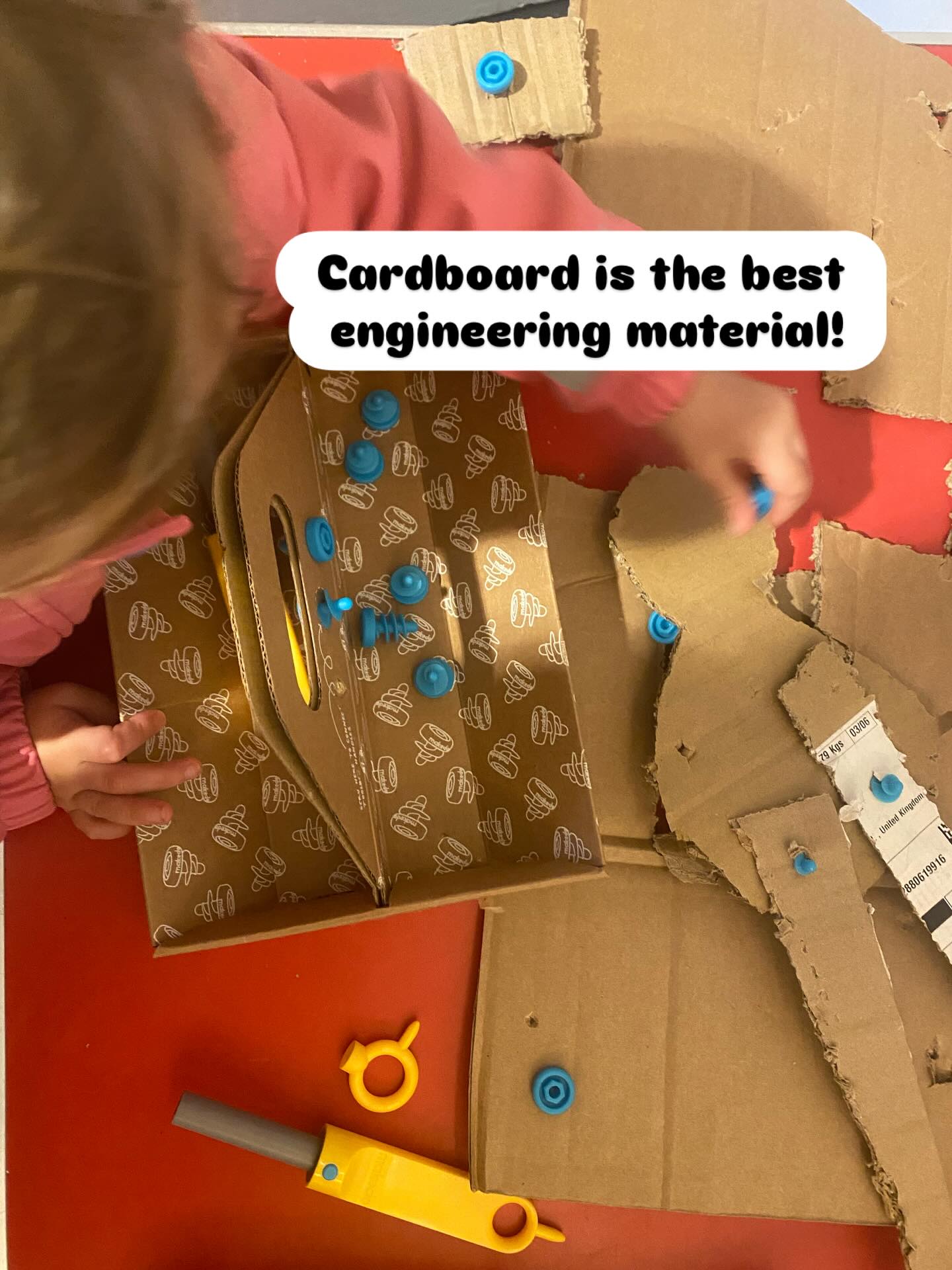 Cardboard is honestly one of my favourite materials. It isn’t precious or expensive, meaning tinkering and experimenting is risk free. I had also been wanting to try out these cardboard engineering kits from Make Do, and they are pretty good! They remove the difficult parts of making with card for kids, for example, cutting using safe (aka useless) scissors can really frustrate them, and gluing and sticking is always tricky too. So I may well be investing in some of these for our Feb camps!