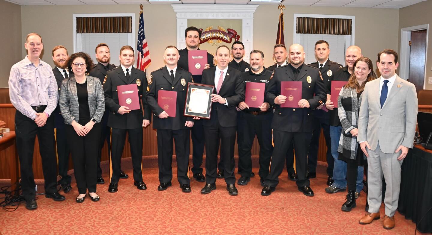 On Monday, December 15th, several of our officers were recognized by Chief Kiernan and the entire Town Council for their heroic actions on the evening of March 15, 2025. On that night, Verona officers responded to a report of multiple people shot in the parking lot of Palmetto Venues. Their immediate and decisive response, without hesitation, undoubtedly saved lives.
A thorough investigation conducted by the Verona Police Detective Bureau led to the arrest of three suspects involved in the shooting. The actions taken by our officers, both that evening and in the days that followed, went above and beyond the call of duty. Their professionalism and dedication helped restore a sense of safety and normalcy within our community while ensuring those responsible were held accountable.
We thank Officer Daly, Officer O’Neill, Officer A. Huber, Detective DeSomma, Sergeant Maguire, Sergeant Seubert, Sergeant Conroy, Lieutenant Juliano, Detective Lieutenant Banta, Detective Lieutenant O’Connor, Dispatcher Santulli, and Dispatcher Conlon for their service, and we commend them for their bravery and heroism.
#VeronaPD #VPD #VeronaPolice