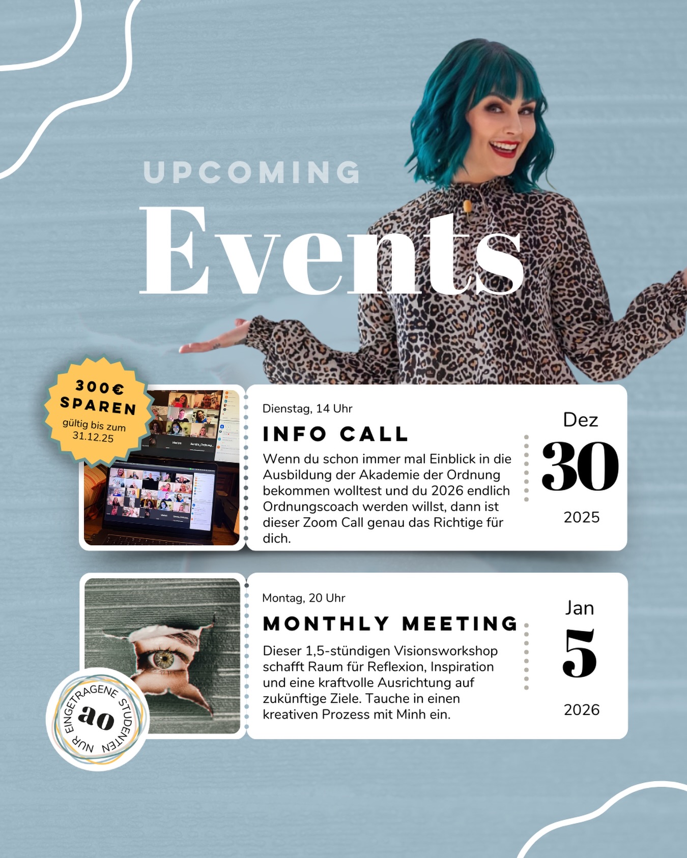 ✨ Upcoming Events: Jetzt vormerken!
In den nächsten Tagen warten zwei besondere Termine auf dich: einer für Klarheit & Entscheidung und einer für Vision & Ausrichtung.
🗓 KOSTENLOSE INFOVERANSTALTUNG
Ausbildung zum zertifizierten Ordnungscoach
📍 Dienstag, 30.12.2025 | 14 Uhr | Zoom
Du möchtest 2026 Ordnung zum Beruf machen und dir einen fundierten Einblick in unsere Ausbildung holen?
Dann ist dieser Info Call genau richtig für dich.
🚨 Wichtig:
Bei Buchung der Ausbildung bis zum 31.12.2025 kannst du 300 € sparen, denn ab dem neuen Jahr steigen die Preise.
Hier erfährst du alles über:
• den Aufbau der Online-Ausbildung
• Inhalte, Ablauf & Begleitung
• deine Fragen rund um den Start als Ordnungscoach
🗓 MONTHLY MEETING
Visionsworkshop
📍 Montag, 05.01.2026 | 20 Uhr
Ein 1,5-stündiger Workshop mit Minh, der Raum für Reflexion, neue Perspektiven und eine klare Ausrichtung auf deine Ziele schafft. Perfekt, um das Jahr bewusst zu beginnen: mit Fokus, Vision und innerer Ordnung.
Dein Vorteil:
Sobald du die Ausbildung startest, kannst du kostenlos an allen Monthly Meetings teilnehmen, auch über die Ausbildungszeit hinaus.
👉 Melde dich jetzt zum Info Call an und sichere dir den Vorteilspreis für die Ausbildung zum zertifizierten Ordnungscoach.
Alle Infos findest du über den Link in unserer Bio. Wir freuen uns auf dich! 🫶🏼
#homeorganizing #akademiederordnung #ausbildungonline