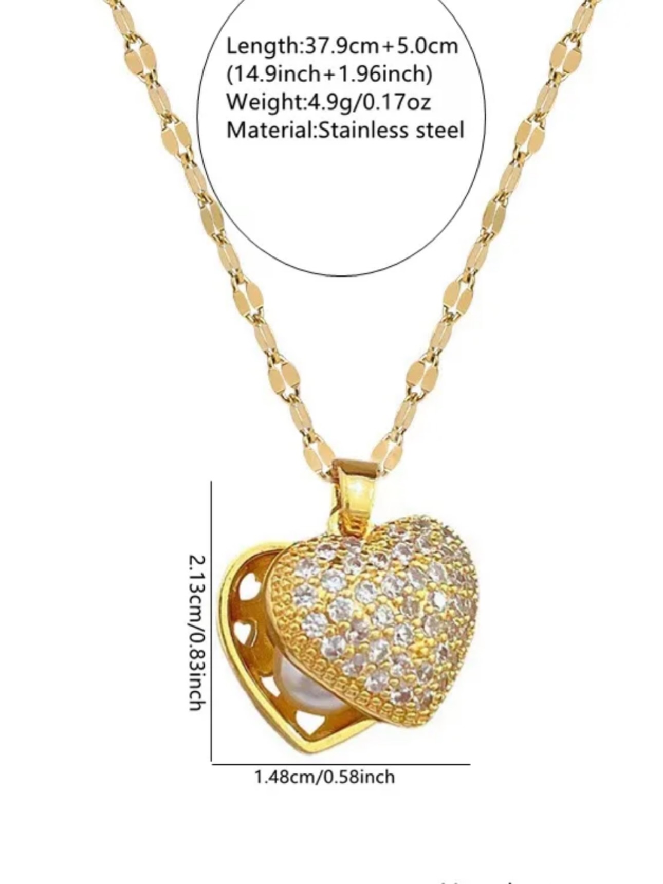 Classic waterproof pendant necklace with hidden pearl inside 18k gold plated stainless steel heart.