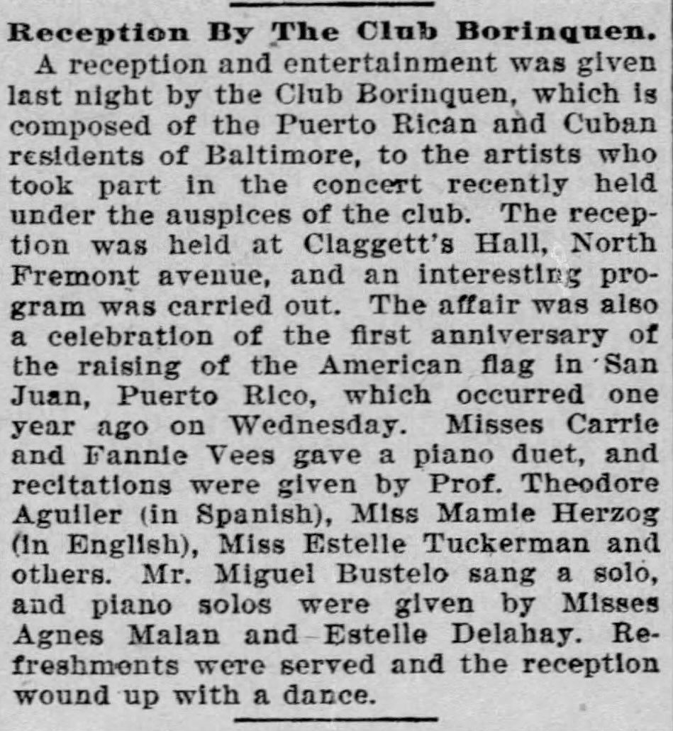 ✨ BmoreBoricuas Pop-Up Exhibition 2: History of Art & Culture ✨
Join us for an intimate house party + pop-up exhibition honoring the rich history of Baltimore’s Puerto Rican art & culture 🇵🇷 Timed to close out the Puerto Rican holiday season around Día de los Reyes 👑, this night celebrates the enduring contributions of Boricuas to Baltimore’s creative and cultural landscape.
There will be…
🎙️Live performances
🎞️ Art + film installations
🗂️Interactive memory-archiving activities
🥥Pasteles & Coquito
Saturday, January 10
6–9 PM
📍 Private location (address shared after ticket purchase)
More info 🔗
#BmoreBoricuas
#PuertoRicanCultureBaltimore
#TolasRoom
Article: Baltimore Sun, October 20, 1899