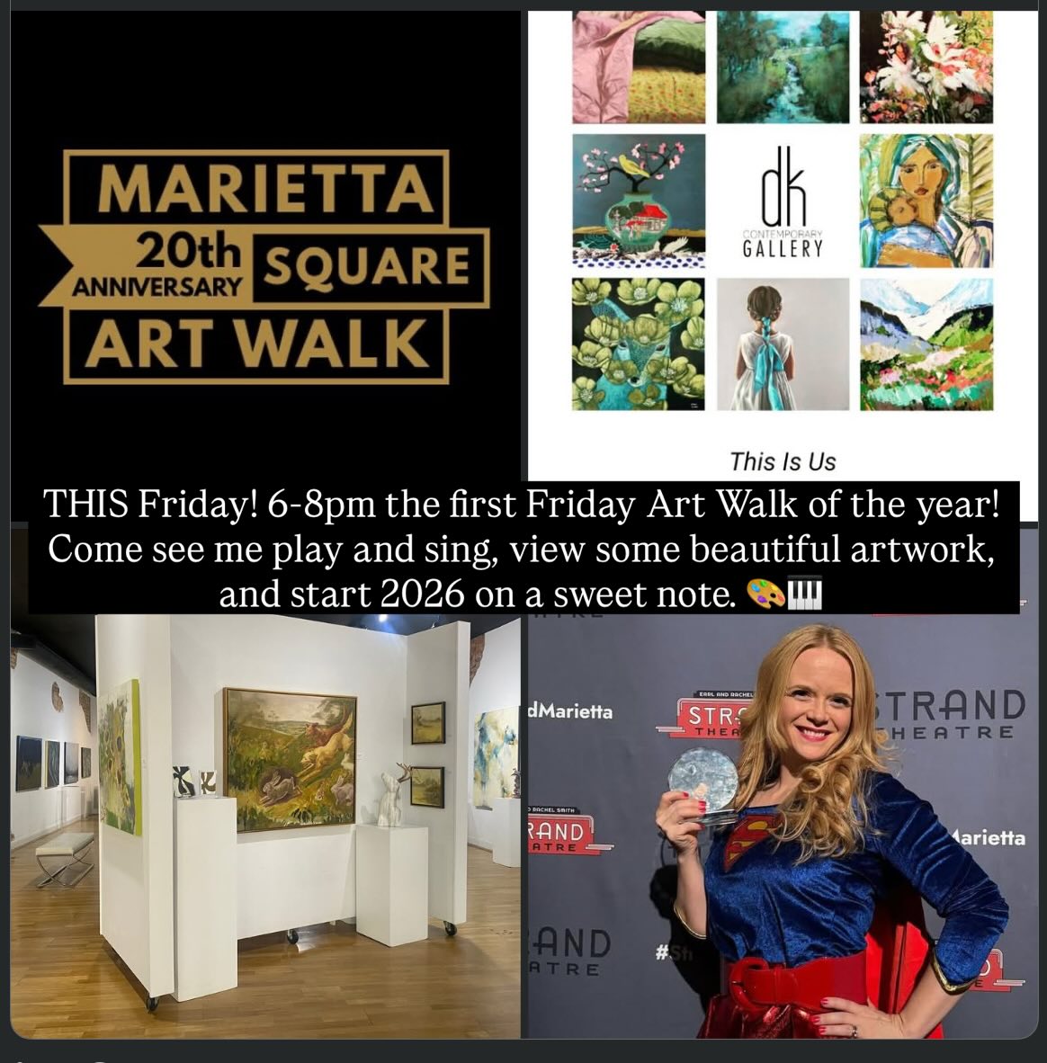 We present our January 2, 2026 show “This Is Us” at Marietta Square Art Walk, in its 20th year, with Cobb Idol Winner Lauren Dennis’ live performances through the evening. The Marietta Square has become the arts destination and we are ready to celebrate that each and every month.
The totality of our stable has and always will be the strength of dk Gallery. This year’s programming is driven by what our artists are creating, from their heart and soul, not a theme. So look for raw and honest expressions which we hope will be the best year yet!
We will continue to introduce new artists that broaden our mission of sharing the most exciting artists of today. This January we introduce realist artist Lauren Adams and her nocturnal landscapes. We also introduce Hannah Manes with her contemporary take on the American South.
Thank you for your tremendous support through the years! We hope we earn your continued support and following.
#music #marietta #art