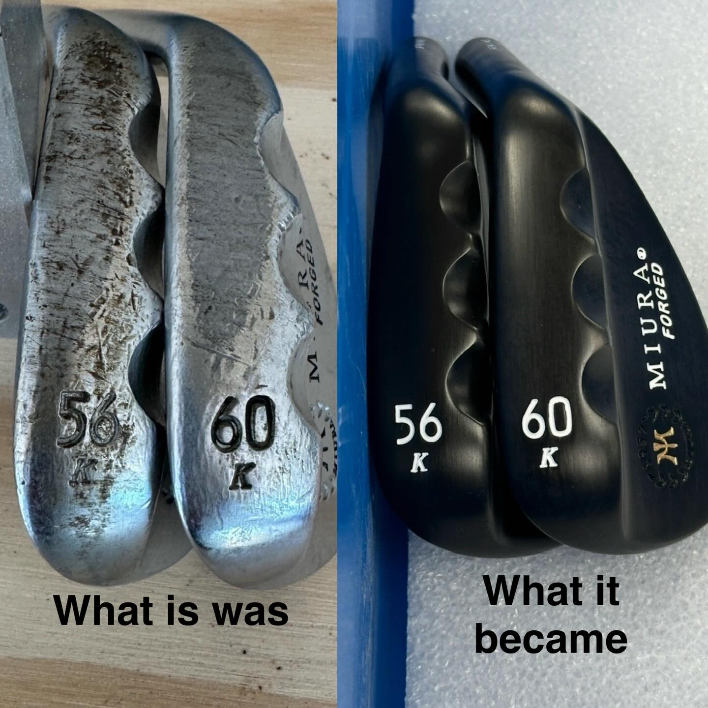 Here are some BEFORE and AFTERS of a set of Miura K Grinds re- finished with our Black N-eleven finish #miura #miuras #miuragolf #customwedges #flaniganbiltputter