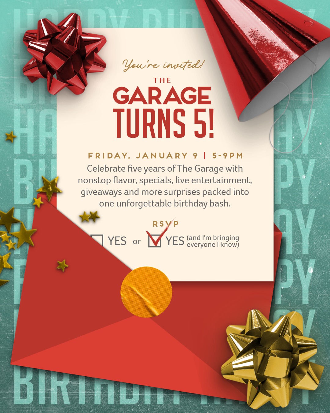 JANUARY AT THE GARAGE IS STACKED. A full month of food, drinks, music, games, and more reasons to get together, including a BIG celebration... our birthday.
🎉 THE GARAGE TURNS 5! 🎉
You’re invited! Join us on January 9 as we celebrate five years of The Garage Food Hall with an unforgettable birthday celebration. Expect food and drink specials, live music, trivia, magic, and big giveaways happening throughout the night. We’re five. We’re fun. We’re celebrating, and this is one night you won’t want to miss.
🍽️ SAVOR THE GARAGE IS BACK 🍽️
Mark your calendar for January 15. The fan-favorite culinary adventure returns with $5 small plates from every vendor. If you know, you know, and if you don't, you'll want to.
Keep on scrolling to see the full January lineup, including First Fridays, Game Night Social, Boozy Book Fair, plus DJs and live music all month long.
Spend your January with us at The Garage! Get all the details at the link in bio.
