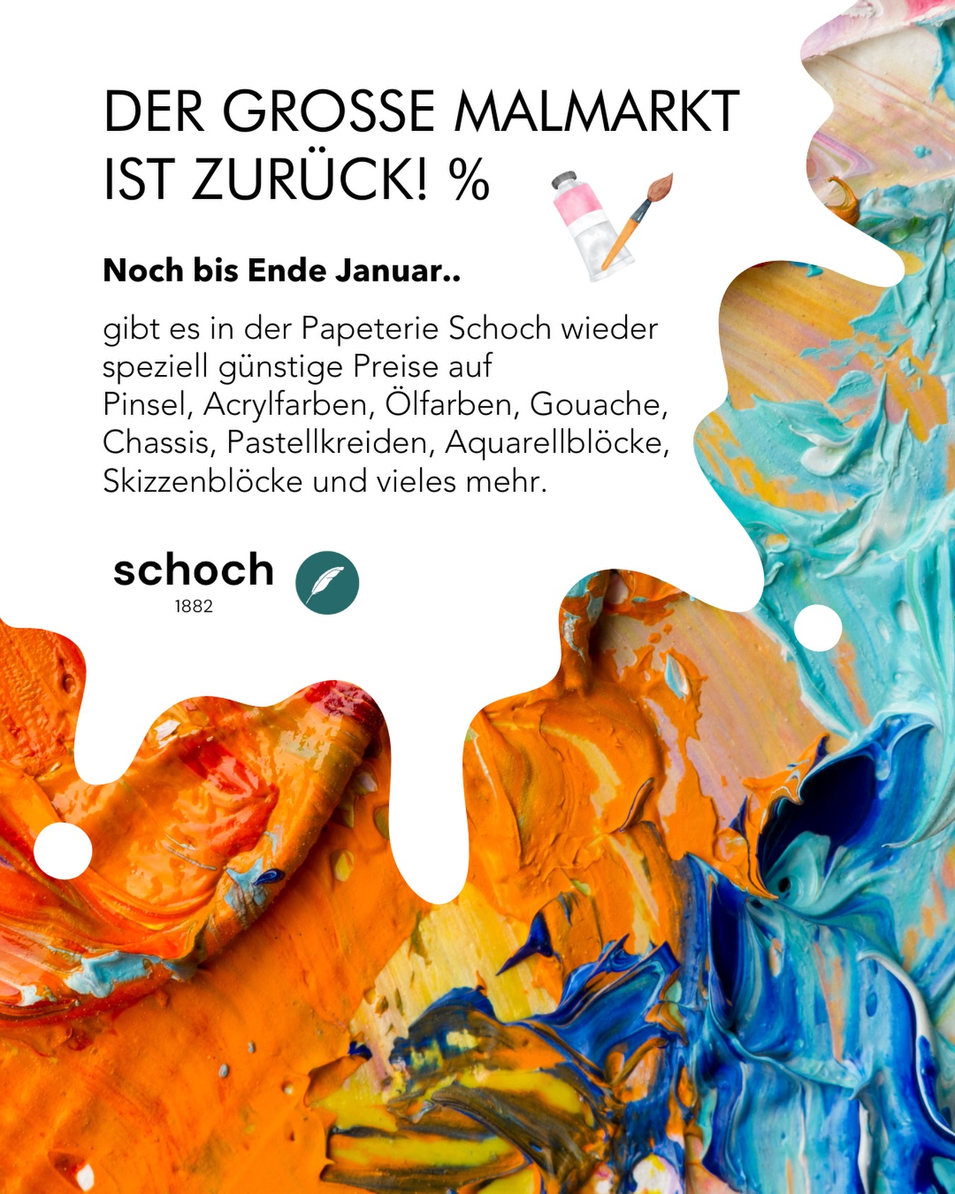 Der Malmarkt ist zurück – mit tollen Rabatten! Ab sofort gibt’s bei uns wieder alles fürs kreative Herz – und das zu besonders günstigen Preisen!
Entdecke reduzierte Preise auf:
🖌️ Pinsel
🎨 Acryl-, Öl- & Gouachefarben
📐 Chassis & Maluntergründe
📓 Skizzen- & Aquarellblöcke
🖍️ Pastellkreiden – und vieles mehr!
🗓️ Gültig bis Ende Januar
📍 Nur in der Papeterie Schoch, Winterthur
Jetzt vorbeikommen, stöbern & kreativ werden! 💛
#Malmarkt #PapeterieSchoch #Winterthur #Künstlerbedarf #Kreativsein