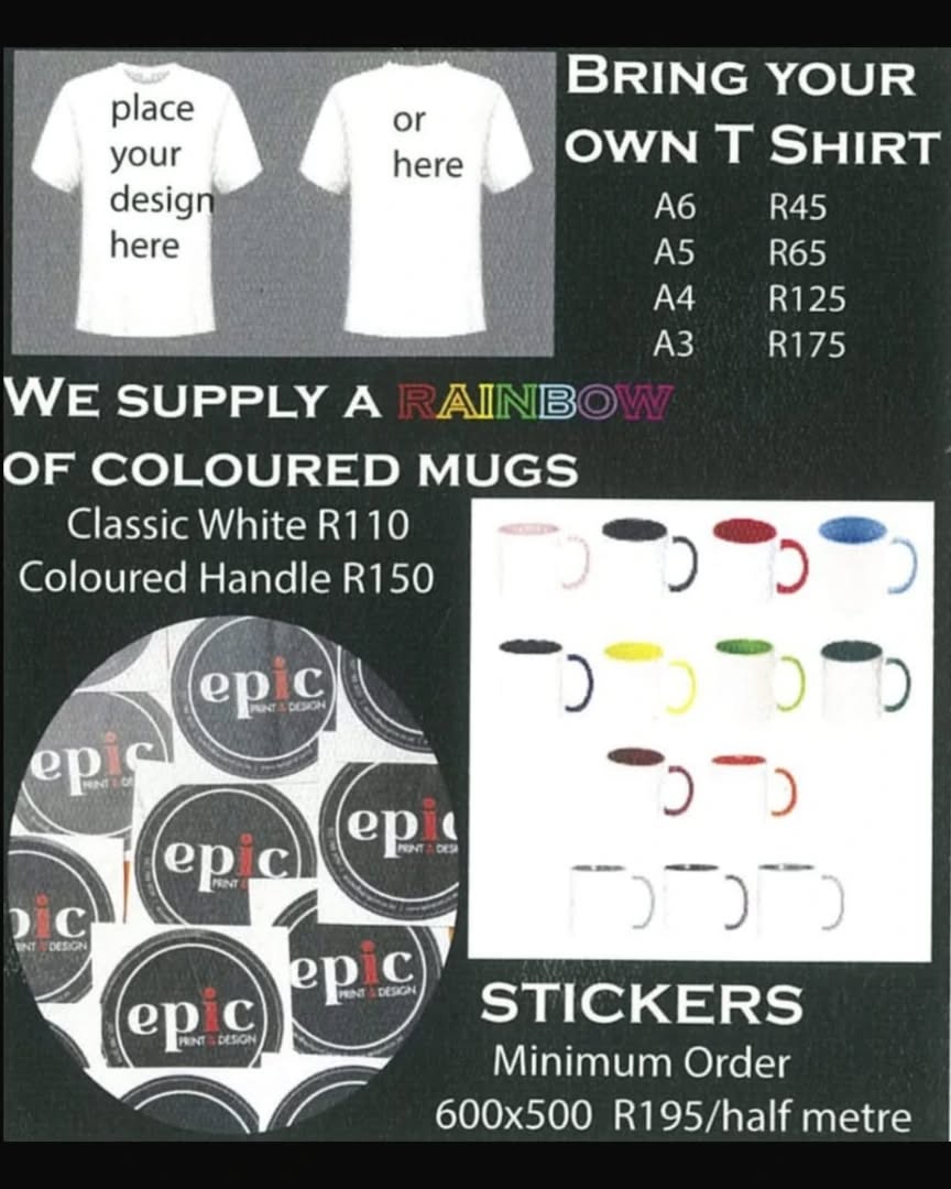 Why not give a gift created by you, a t-shirt print or mug, some bumper stickers. We can assist with all your digital printing. #digitalprinting #tshirtprinting #mugprinting #vinylstickers #epicprint
