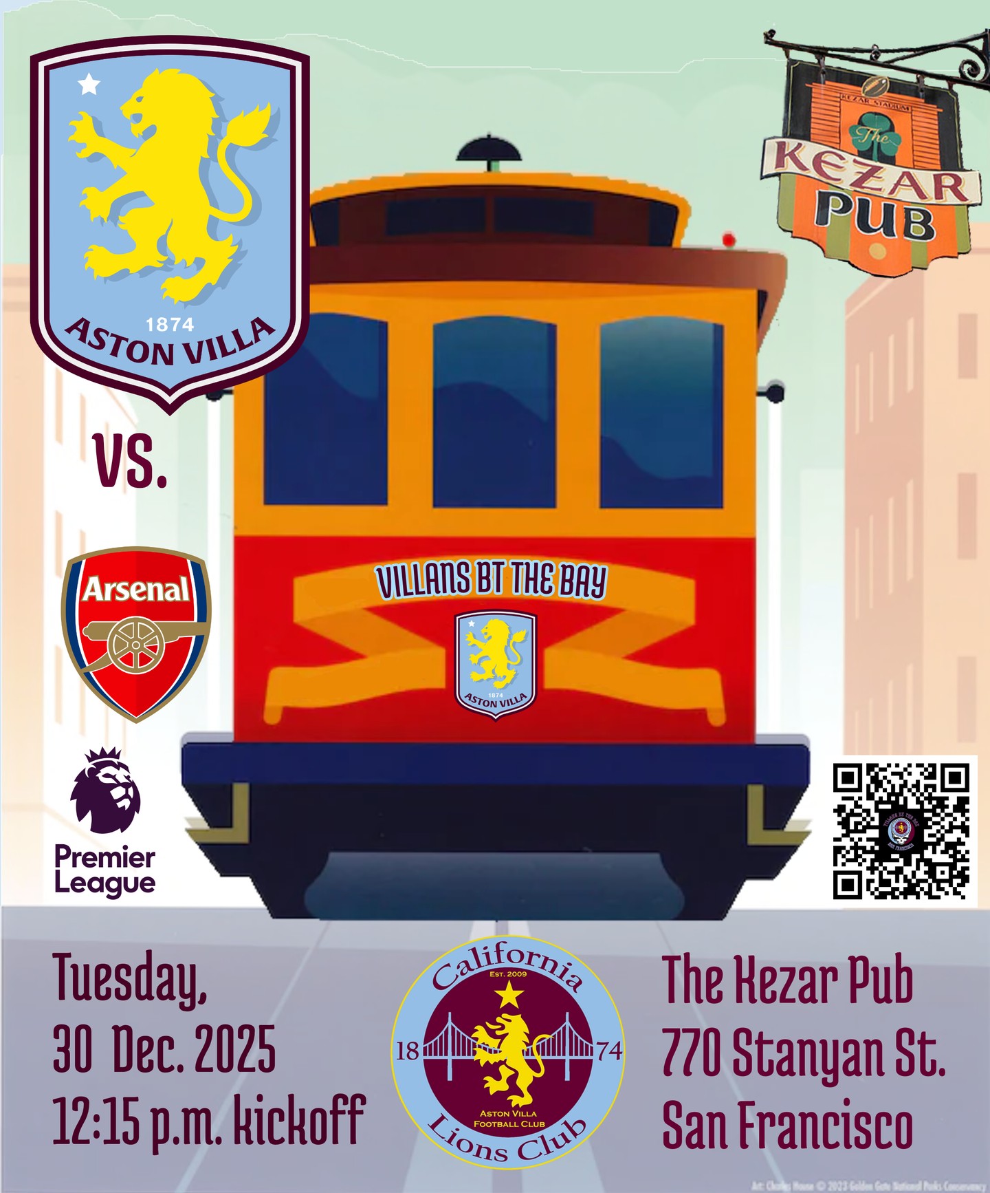 HUGE match tomorrow! Come on out to @kezarpub ! Arsenal vs @avfcofficial, 12:15pm kickoff; 770 Stanyan St, San Francisco. #VillansByTheBay