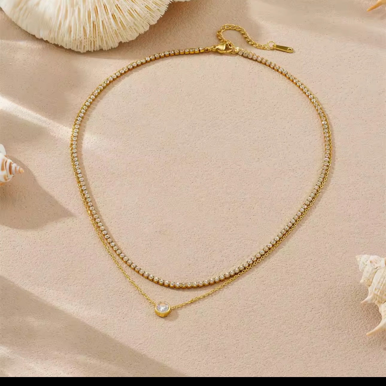 Rounded Shaped Pendant Double Layer Necklace Set Stainless Steel Plated 18K Gold Embedded Zirconia Elegant Jewelry