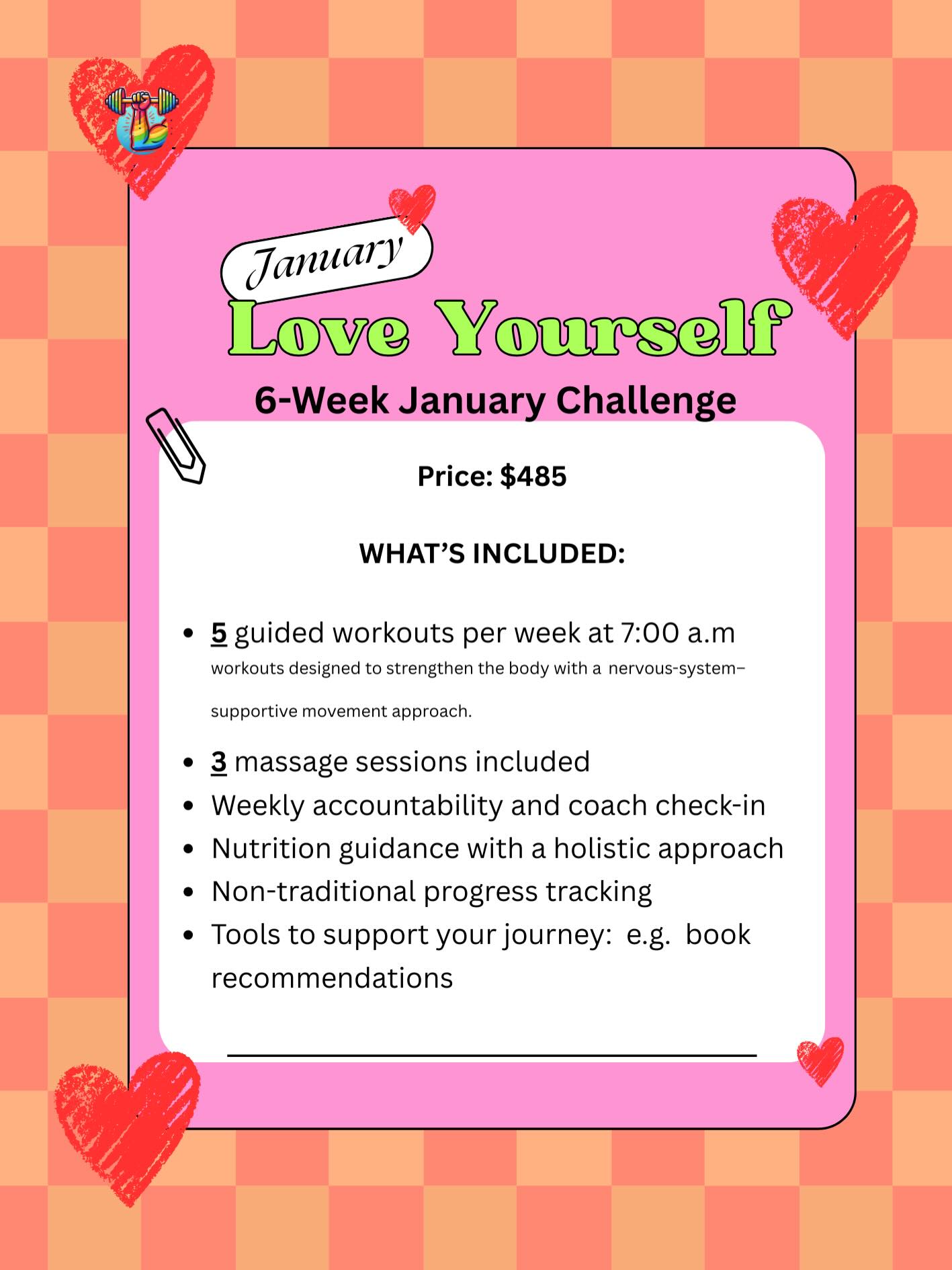 January doesn't have to be about overhauling your life or forcing progress.
It can be about establishing consistent habits and nurturing your body in a sustainable way.
Introducing our 6-week guided challenge, Love Yourself, focused on building strength, structure, regulation, recovery, and self-care.
Not punishment.
Join us in person,
🗓️ January 5 to February 14
✅ Monday to Friday at 7:00 a.m.
💪🏼You'll get 5 guided workouts weekly, 3 massage sessions, weekly check-ins, and holistic support.
The investment is $485, and spots are limited. Ready to commit? DM 'LOVE' 🤍
