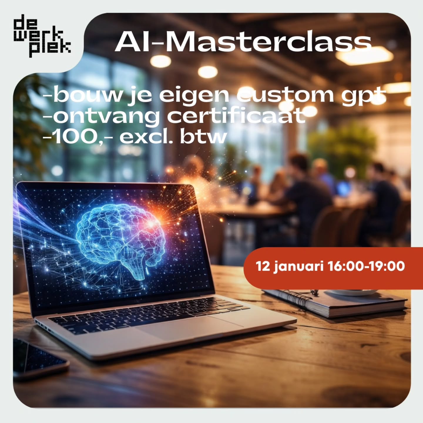 🚀 Werk slimmer, sneller en beter met AI
Op maandag 12 januari organiseren we bij de Werkplek een AI Masterclass die je direct vooruit helpt.
Geen droge theorie, maar een 3 uur durende hands-on workshop met Yaser Mohammad (Synthwave Solutions).
🤖 Wat ga je doen?
• AI inzetten voor e-mails, strategie & automatisering
• Je eigen custom GPT bouwen
• Naar huis met een Certificaat Prompt Pilot & AI-geletterdheid
🕓 16:00 – 19:00 (wij zorgen voor pizza🍕)
💶 €100,- excl. btw
💻 Neem je laptop + betaald ChatGPT-account mee
🔗 Ervaringen van eerdere deelnemers & aanmelden via de link in bio
👉 Boost je skills voor de toekomst!
#AImasterclass #werkplek #futureskills #ondernemeninnoord #community
