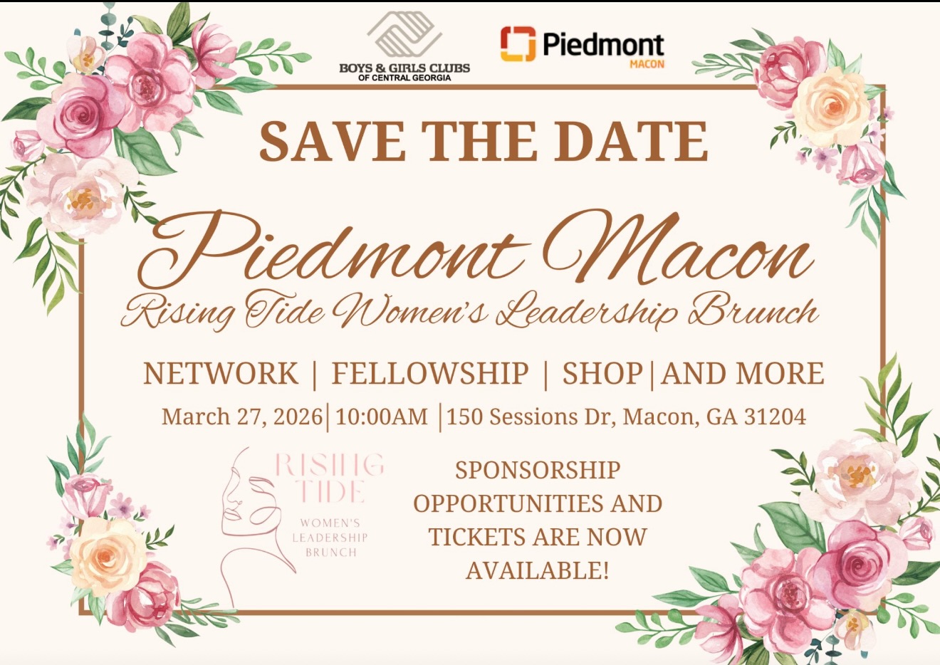 Hosted by the Boys & Girls Clubs of Central Georgia. We present the 2026 Piedmont Macon Women’s Rising Tide Leadership Brunch.
This event not only spotlights influential women in leadership but also serves as a crucial fundraiser. Proceeds will support programs aimed at nurturing the growth and development of local youth, ensuring they have the resources and opportunities to thrive.
Ticket sales are now open!! Click the link to purchase your individual ticket, or to secure a sponsorship slot or table. Join us in this empowering event and help create brighter futures for the youth in our community. Click the link below to purchase your tickets today. @piedmontmaconhospitals
https://lnkd.in/d2qW-6bi