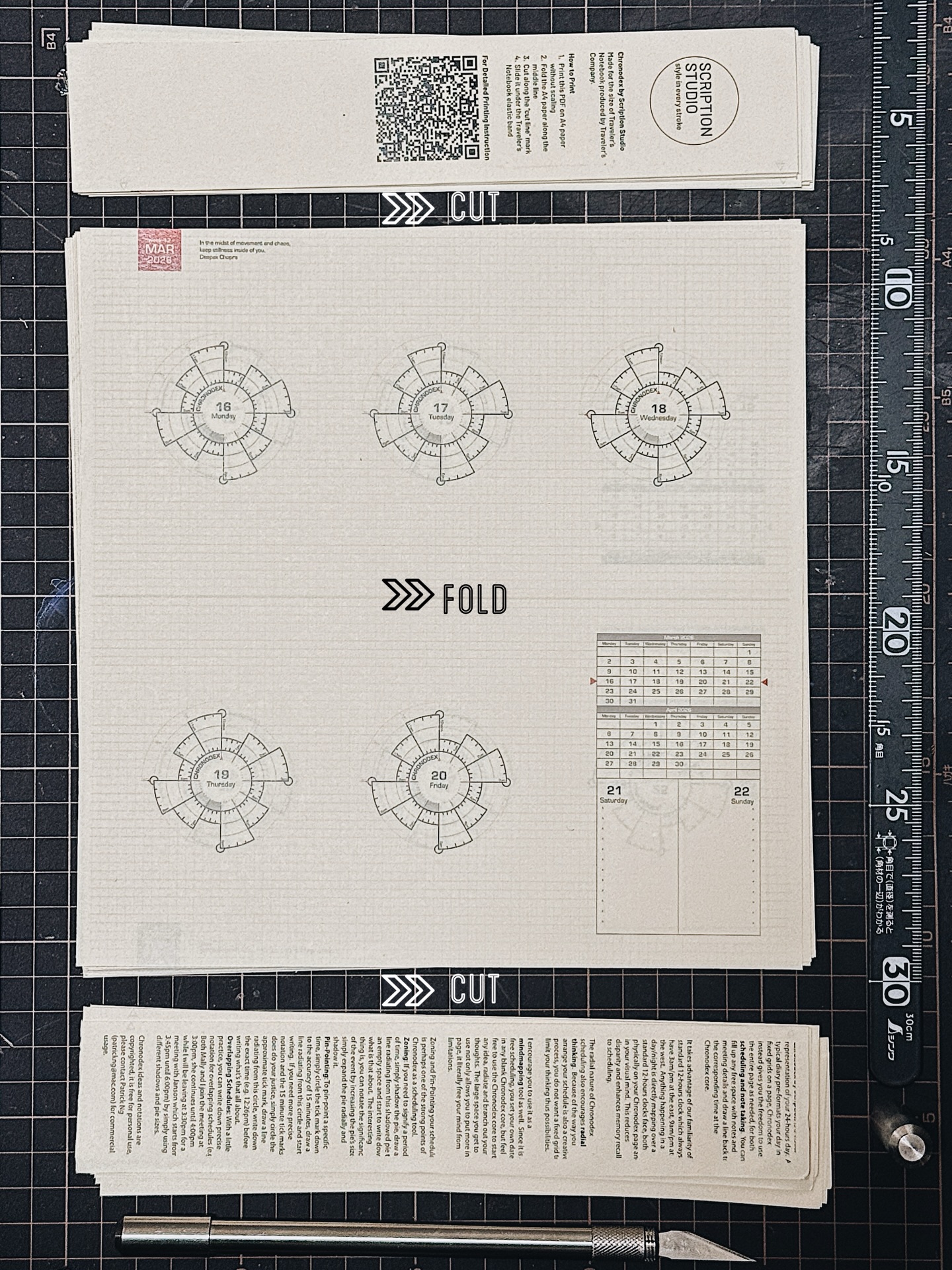 If your 2025 planner is a museum of untouched pages, maybe 2026 is the year you start sketching your life in circles instead of leaving it in your head.
Trust this: simply putting your thoughts on paper lowers stress, calms the mind, and even helps you sleep better—expressive writing research has shown people fall asleep faster and feel less anxious when they ‘dump’ their worries onto the page.
And making Chronodex into a booklet is easy: cut here, trim there, fold in the middle, slide it into your traveler’s cover, and you’ve just given your days a place to land.
#chronodex #2026 #diary #visualjournaling