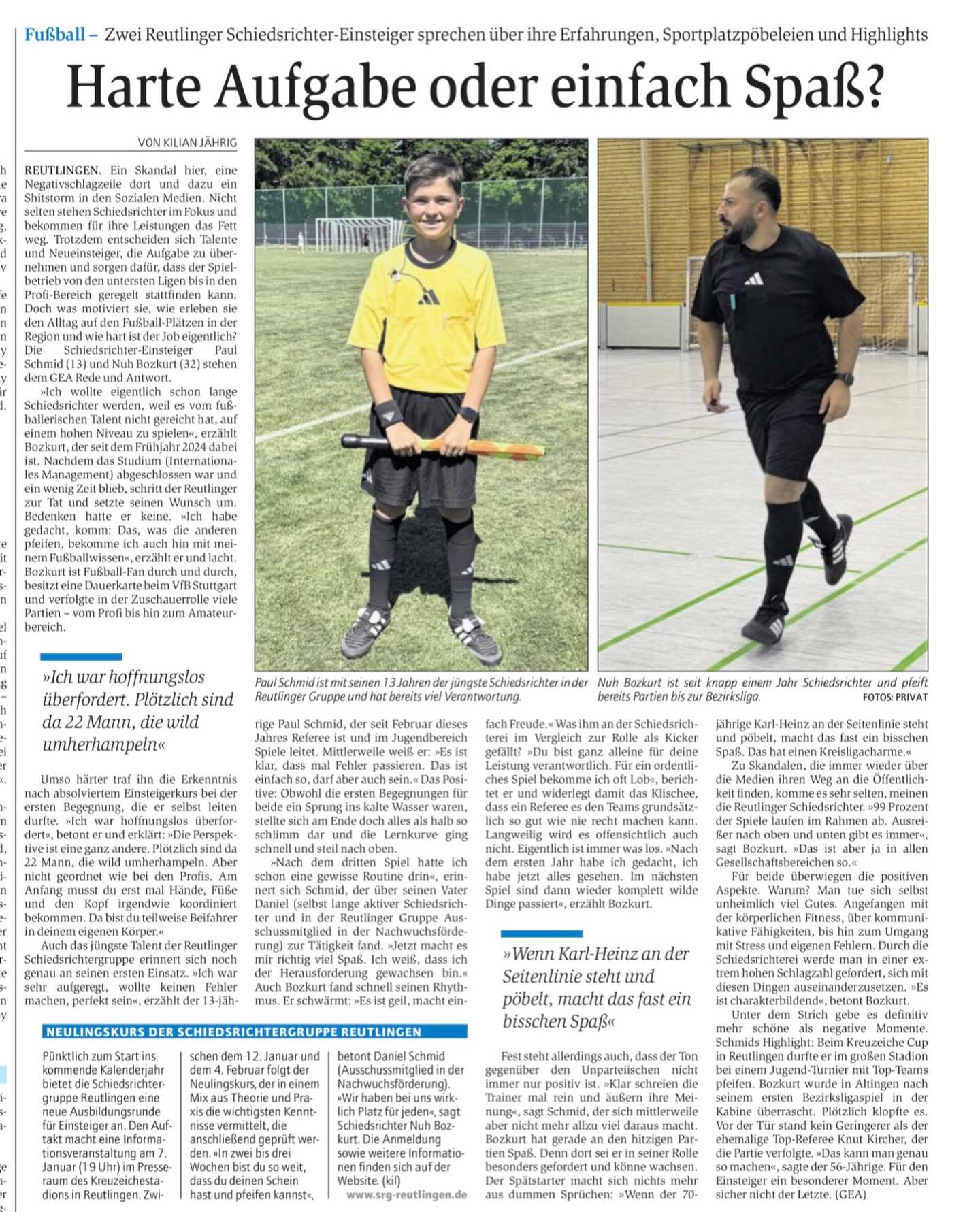 Heute ist im @reutlingergeneralanzeiger ein Interview mit unseren Einsteigern Paul Schmid @paulschmi_12 und Nuh Bozkurt @nuh.b93 über ihre erste Erfahrungen erschienen. Sehr lesenswert 😌
Danke an euch 🙏🏼
#schiedsrichter #ehrenamt #wfv #dfbschiris #srgreutlingen