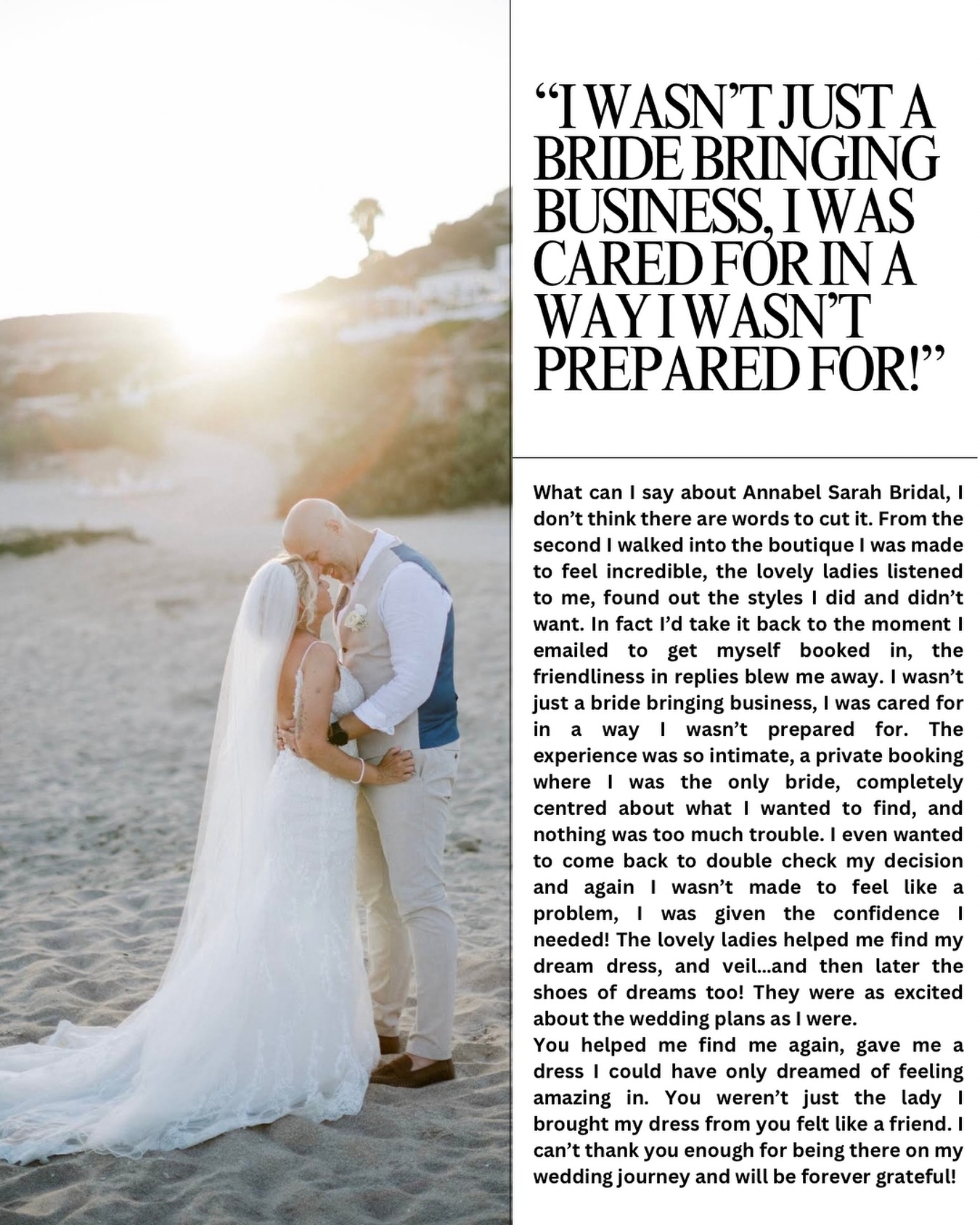 5 STAR LOVE 🤍
We are so incredibly grateful to our beautiful bride Sarah for taking the time to leave us such a heartfelt 5 star review!
Thank you for trusting us and for allowing us to be part of such a special chapter of your wedding journey.
From the very first email to finding the dress, veil and shoes of dreams, it was an absolute honour to walk this journey with you. Being part of your experience, sharing the excitement, the emotions, and helping you feel like you again is exactly why we do what we do!
Brides, this is why Annabel Sarah Bridal is more than just a boutique 🤍
•Private, intimate appointments where YOU are the only bride
•A warm, caring team who truly listen to your vision
•Zero pressure, all the reassurance you need
•A space where you’re celebrated, supported, and made to feel incredible
Sarah, being part of your dress journey was truly amazing. You were never “just a bride” to us indeed, you felt like a friend, and we’ll be forever grateful to have shared such special moments with you. We can’t thank you enough 🤍
#review #bridal #bride #bridalboutique #realbride