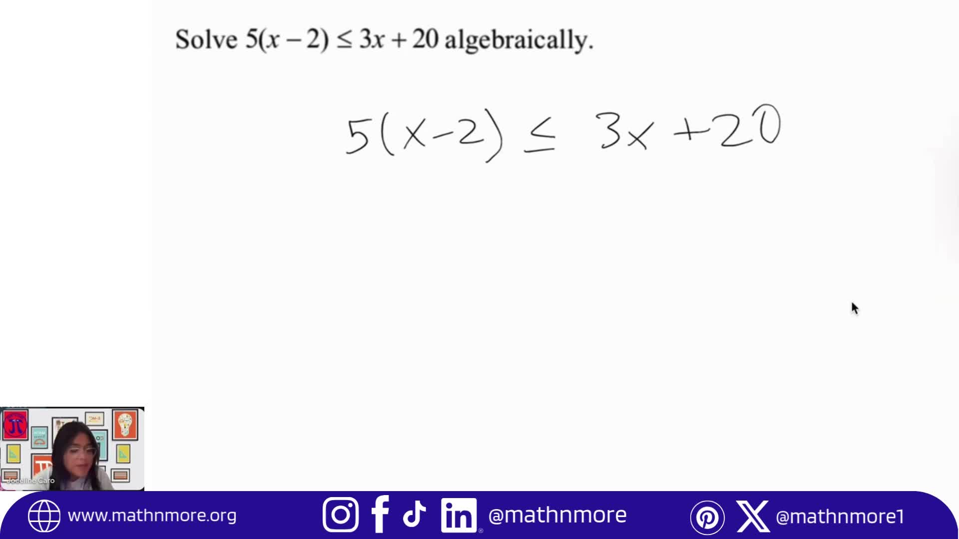 ✏️ Solve this inequality with us:
5(x – 2) ≤ 3x + 20
➡️ 5x – 10 ≤ 3x + 20
➡️ 2x – 10 ≤ 20
➡️ 2x ≤ 30
➡️ x ≤ 15 ✅
#WhatsTheAnswerWednesday #MathNMore #MathIsLife