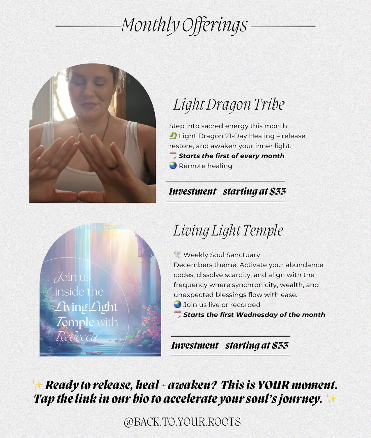 In the midst of everyday life, your soul is always inviting you back into presenceโฆ into softnessโฆ into the light. โจ๐
๐Living Light Temple is a monthly live call held on the first Wednesday of each month, with each gathering guided by a new energetic theme โ offering reflection, activation, and gentle realignment.
๐Light Dragon begins on the first of every month and runs in the background as ongoing energetic support. You can hop in at any time to receive extra healing, integration, and subtle frequency work woven into your days.
Both offerings are pay-what-you-can starting at $33/month, created to be accessible, supportive, and deeply nourishing.
If you feel the pullโฆ trust it. โจ
Your light knows the way.
Join us โ link in bio ๐ค๐