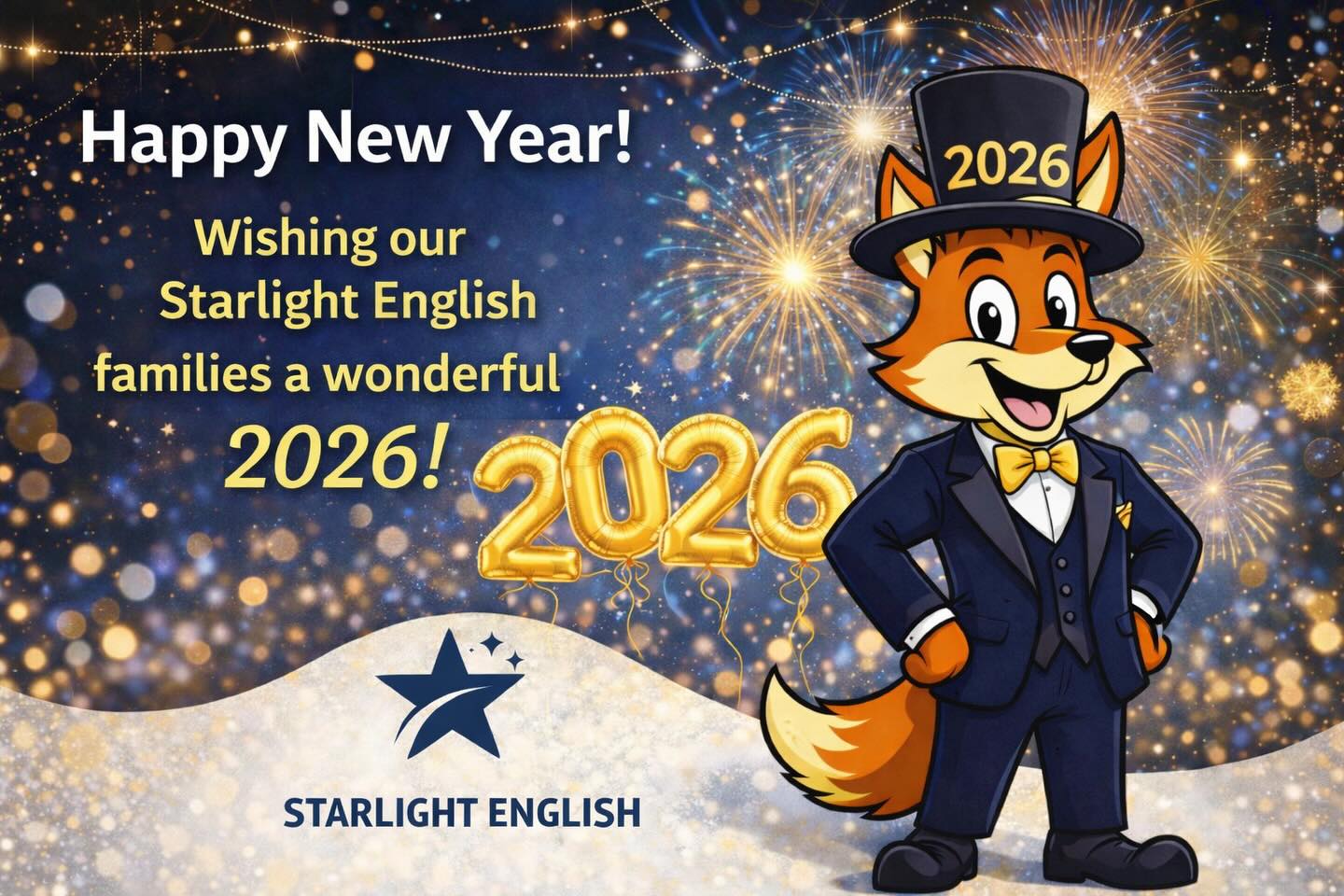 Dear Parents,
As the New Year begins, everyone at Starlight English would like to wish you and your family a Happy New Year, good health, and all the best! 🎉
Thank you for your trust and support throughout 2025. It has been our great pleasure to learn and grow together with your children and to witness their progress in English. Every achievement is made possible through your continued cooperation and encouragement.
In the coming year, we will continue to provide high-quality and engaging English lessons and look forward to working closely with you again.
Warm wishes,
Starlight English