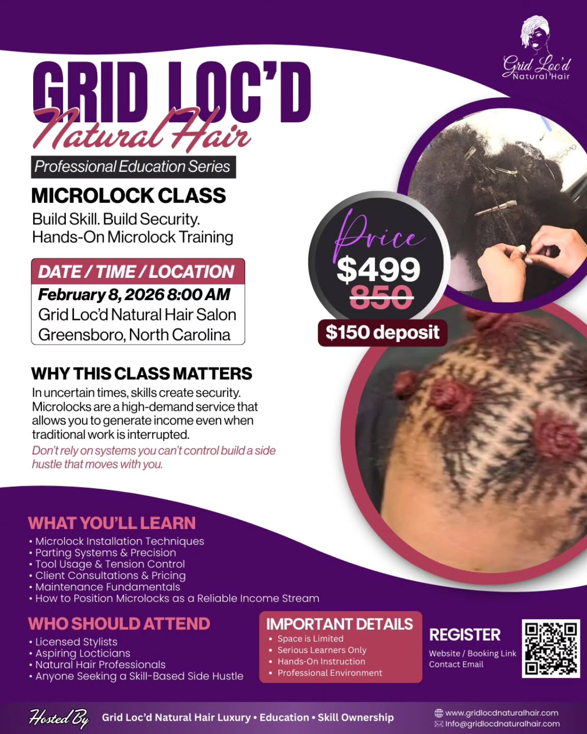 Ready to elevate your craft and secure a skill that pays—no matter what’s happening in the world?
Join us for the Grid Loc’d Microlock Class on
February 8, 2026, an in-depth, hands-on training designed for aspiring and established locticians ready to master precision microlocks.
This class is more than hair.
It’s knowledge, ownership, and independence.
✔️ Professional microlock techniques
✔️ Grid-based parting & consistency
✔️ Hands-on learning
✔️ Limited seating for quality instruction
Whether you’re building your first stream of income or adding to an already established brand, this is a skill that lasts.
📍 In-person training
🗓 February 8, 2026
🎟 Limited seats available
Reserve your spot now—because mastery is always in demand.
https://www.vagaro.com/gridlocdnaturalhair
🔒✨
#GridLocd #GridLocdMicrolocks #MicrolockClass
#MicrolockEducation #NaturalHairEducation
LocticianTraining BeautyEducation2026
SkillBasedIncome ProtectiveStylingEducation