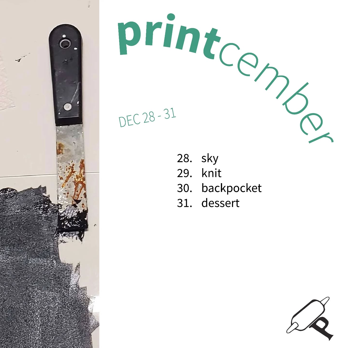 We are in the home stretch for #Printcember! Here are your final prompts.
We've been sharing submissions in our stories and collecting them in a highlights reel on our main Instagram feed. Missed a prompt? That's ok, catch up any time, we'd still like to see it - just remember to tag us!
#Printmaker #PrintmakersLoveCompany