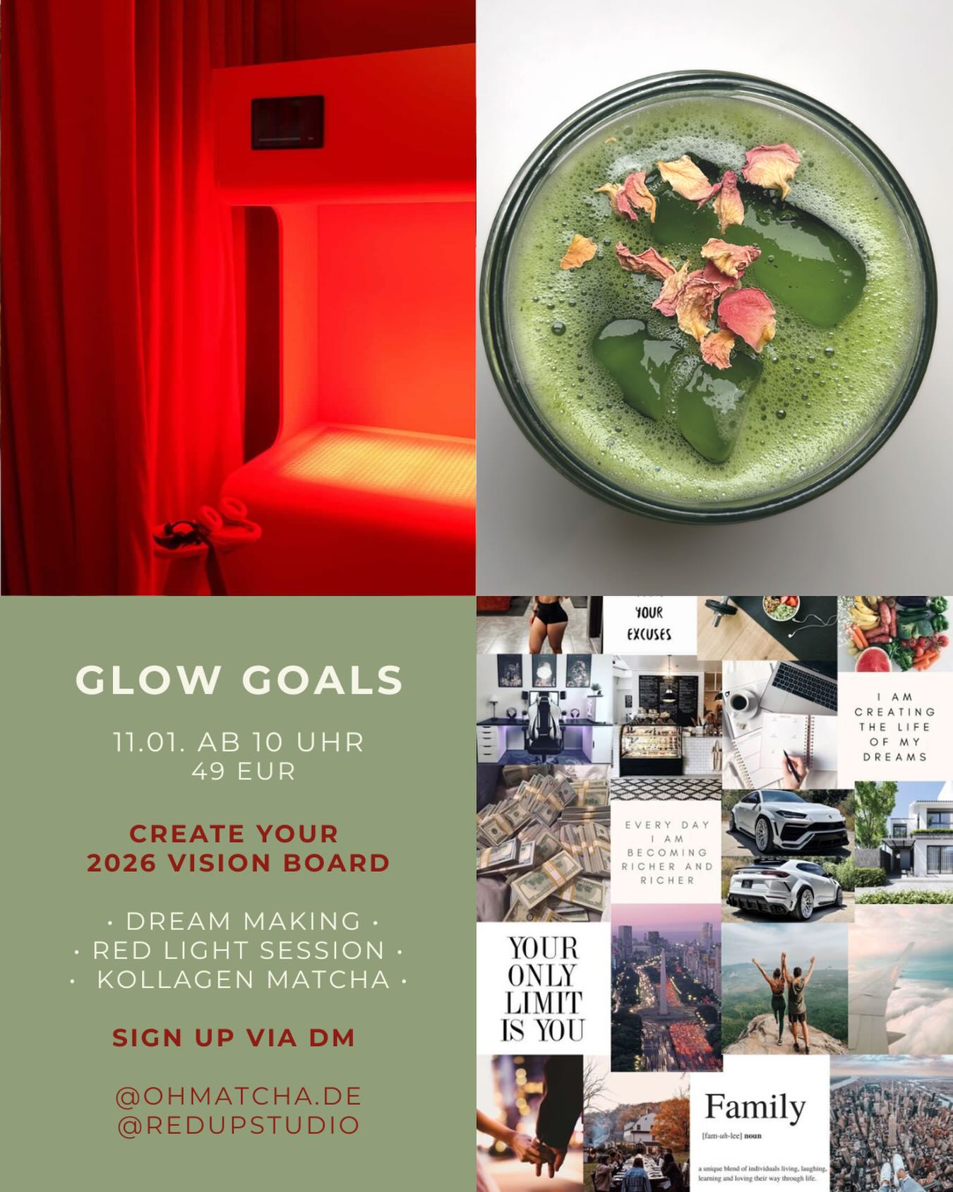 Glow Goals 2026 am 11. Januar ab 10 Uhr im @redupstudio ✨
In entspannter Atmosphäre gestalten wir gemeinsam dein persönliches Vision Board - alles was du brauchst, liegt für dich bereit.
Es wartet außerdem eine Red-Light-Session für den Glow auf dich ♥️ Für kleine Snacks und leckeren Kollagen-Matcha by @ohmatcha.de ist gesorgt. 🍵 Anmeldung via DM 🫶🏼