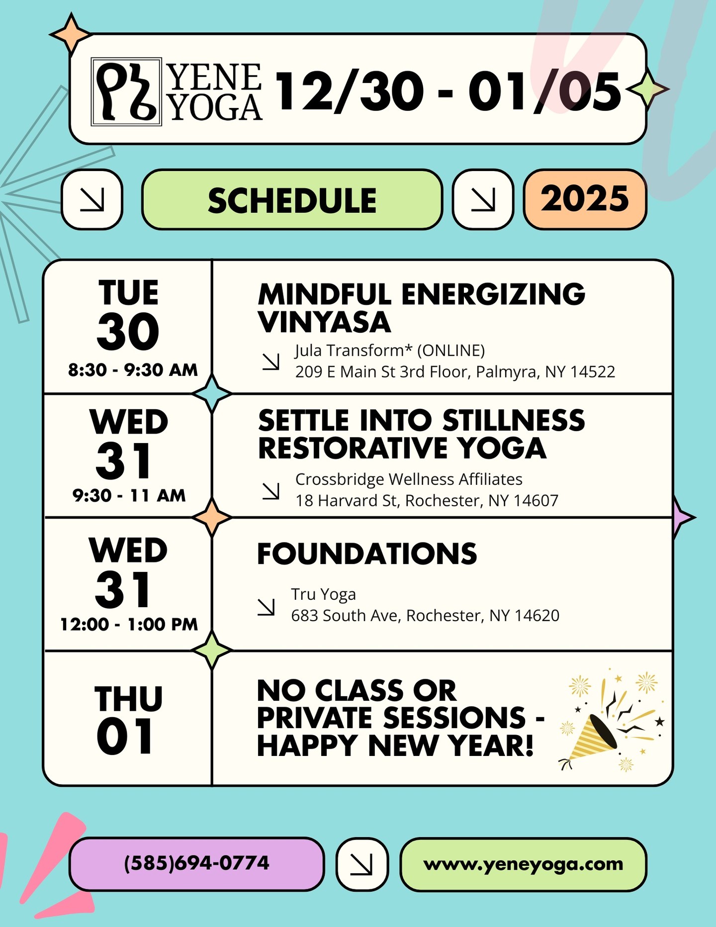 The new Yene Yoga newsletter is now live! Read on for a tribute to the Yene Yoga community, information about upcoming events, and this week's schedule:
https://yeneyoga.com/so/bcPjicJAO?languageTag=en
📌EVENTS:
The FINAL meeting of The Embodied Word: Yoga & Writing Community at @akimbo.bookshop will be held THIS SUNDAY, 01/04, from 10 - 11:30 AM. Pay-What-You-Can pricing, props provided.
Join @dancingdav and I on Saturday, 01/10, for the Choreography of Flow: A Hatha Yoga Performance & Workshop w/ Live Music. $20/$30/$40 sliding scale pricing includes attendance of the yoga flow duet and participation in the all-levels workshop. Drop-in's welcome; space is limited.
This Week's Schedule:
💫Tuesday 12/30
🍃Mindful Energizing Vinyasa (ONLINE ONLY)
8:30 - 9:30 AM EST
Jula Transform
Held ONLINE
$10 flat-rate
Please book at least 30 min* before
💫Wednesday 12/31
🍃Settle into Stillness Restorative Yoga
9:30 - 11:00 AM EST
Crossbridge Wellness Affiliates
18 Harvard St, Rochester, NY 14607
$10/$15/$20 Sliding Scale pricing
🍃Foundations*
12:00 - 1:00 PM EST
Tru Yoga
683 South Ave, Rochester, NY 14620
$10/$15/$20 Sliding Scale pricing
*All Tru classes must be booked directly through Tru at www.truyogaroc.com
💫Thursday 01/01
NO CLASS / NO PRIVATE SESSIONS - HAPPY NEW YEAR!
💫Friday 01/02
NO PUBLIC CLASSES - PRIVATE SESSIONS AVAILABLE
💫Saturday 01/03
NO PUBLIC CLASSES - PRIVATE SESSIONS AVAILABLE
💫Sunday 01/04
🍃The Embodied Word Yoga & Writing Community
10:00 - 11:30 AM EST
Akimbo Books
714 University Ave, Rochester, NY 14607
Pay-What-You-Can Pricing
🍃Reset & Reconnect Evening Vinyasa
5:30 - 6:30 PM EST
Crossbridge Wellness Affiliates
18 Harvard St, Rochester, NY 14607
$10/$15/$20 Sliding Scale pricing
💫Monday 01/05
NO PUBLIC CLASSES - PRIVATE SESSIONS AVAILABLE
#rochesterny #rochesteryoga #restorative #vinyasa #beginners #thingstodo #writingcommunity #creative