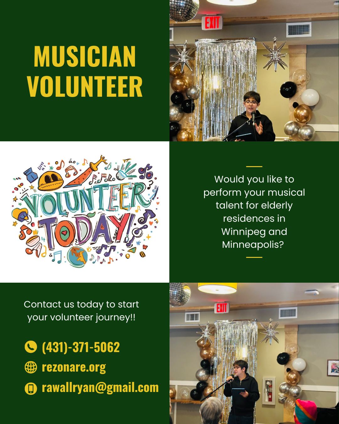 Music has a way of bringing people together 💛
At Rezonare, we’re inviting students Grade 3 and up to use their love for music to make a real difference in their community.
If you’re in Minneapolis or Winnipeg and would like to volunteer by sharing your musical talent, we’d love to hear from you. Whether you sing, play an instrument, or just love music, your time can brighten someone’s day.
Interested in volunteering?
Visit Rezonare.org today!!