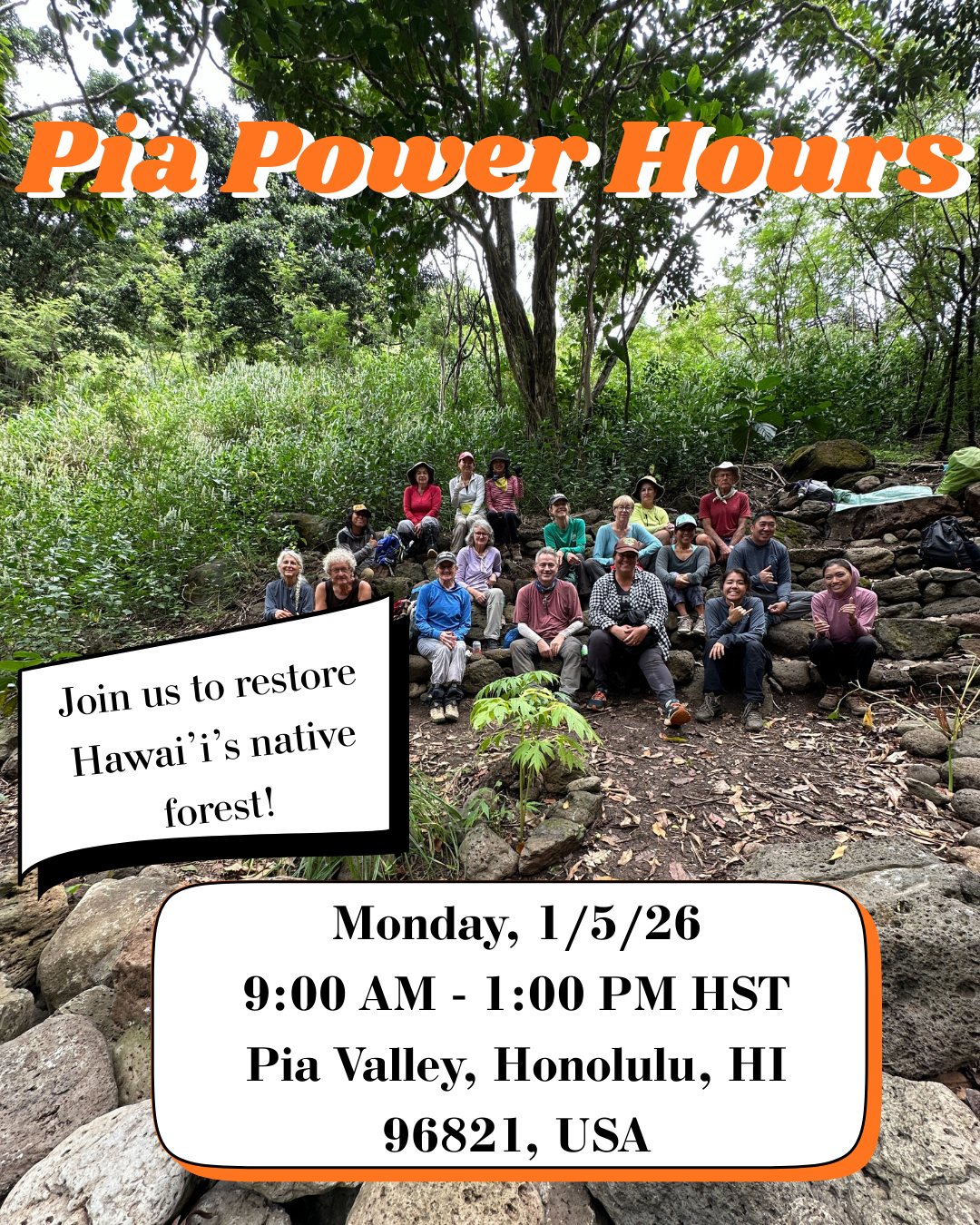 Join us next Monday for Pia Power Hours, a hands-on opportunity to get outside and support conservation efforts! Learn and work with us, and take part in a variety of important restoration activities.
Dec 29, 2025, 9:00 AM – 1:00 PM HST
Pia Valley, Honolulu, HI 96821, USA
(Meet us in the cul de sac at the end of Anolani St)
https://wix.to/JJ22Ruf
#hawaii #nativeforest #restoration #volunteer #mālamaʻāina #rsvpnow #savethedate