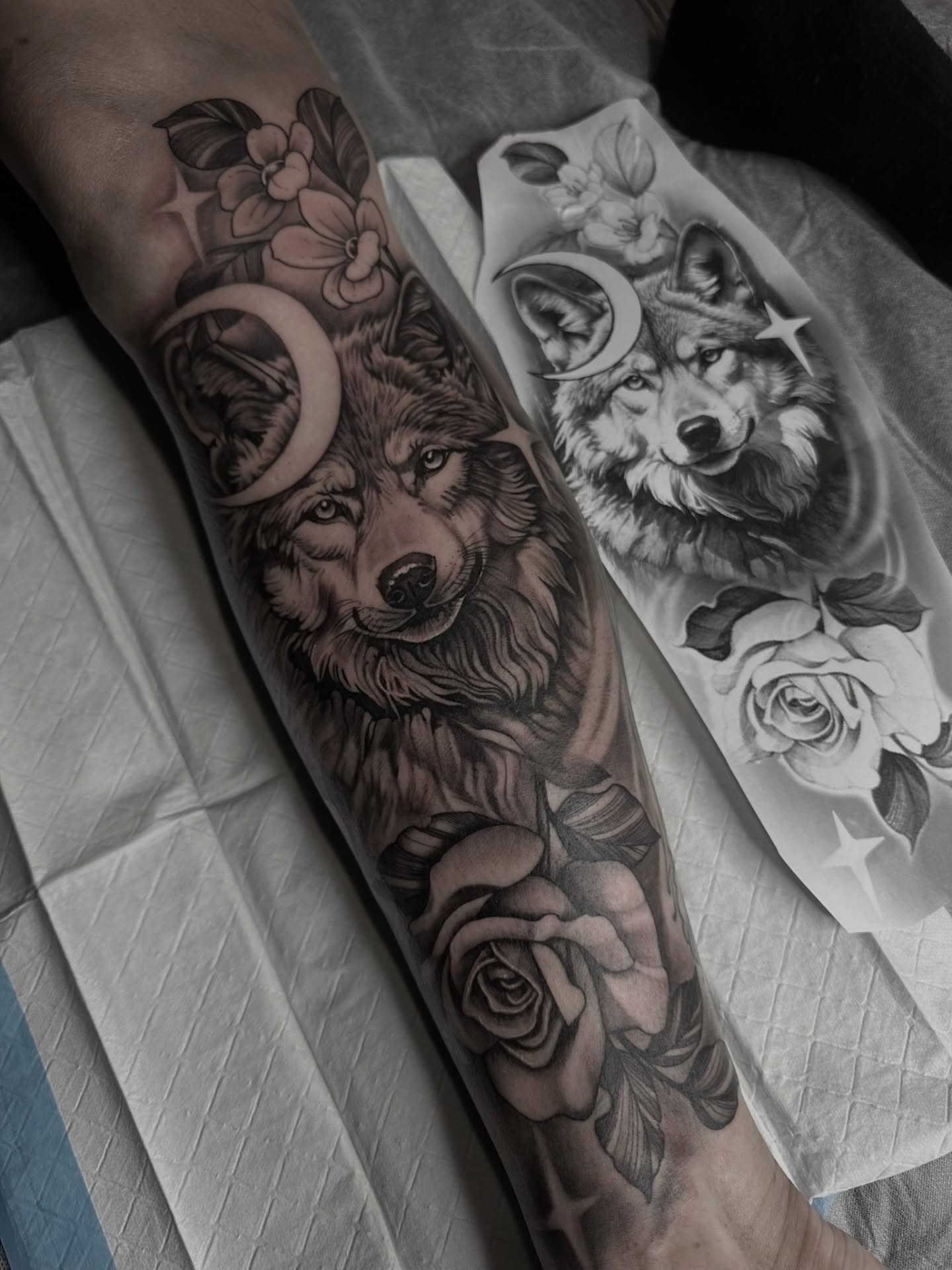 I loved getting to see Talia working on this! Reach out to @taliajamestattooer to book in for 2026 ✨
.
.
.
.
.
.
.
.
.
.
.
.
#perthtattoo #blackandgreytattoo #wolftattoo #rosetattoo