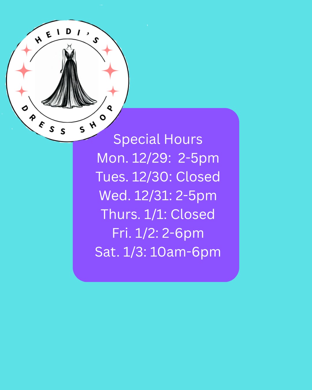 Special Hours for the week of New Year's. We are also available for appointments!
