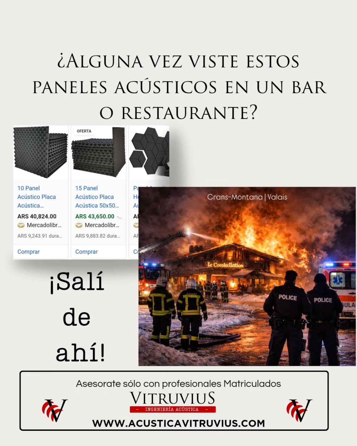 ⚠️ ¿Alguna vez viste estos paneles acústicos en un bar o restaurante? 👉 ¡Salí de ahí!
Los paneles acústicos de espuma que aparecen en la imagen NO cumplen con normas de reacción al fuego:
🔥 propagan llamas,
☠️ desprenden gases y partículas altamente tóxicas,
🚫 y ponen en riesgo directo a las personas.
La segunda imagen corresponde al reciente incendio del bar Le Constellation, en Crans-Montana, Suiza.
¿Te suena conocido?
👉 Son los mismos tipos de paneles acústicos que había en el incendio de República Cromañón.
Lo más grave es que todavía hoy se venden libremente, incluso por plataformas como Mercado Libre, y se instalan sin el más mínimo conocimiento de la normativa vigente, como la IRAM 11910 (reacción al fuego de materiales).
🎛️ La acústica no es solo confort sonoro.
Es seguridad, es responsabilidad profesional, es cuidar vidas.
✅ Antes de tratar acústicamente un espacio, asesorate sólo con profesionales matriculados.
En VitruviuS trabajamos para mejorar la acústica sin comprometer la seguridad.
www.acusticavitruvius.com
#Acústica #Seguridad #IngenieríaAcústica #Prevención #ReacciónAlFuego #IRAM11910
#VitruviuS #ArquitecturaSegura #BaresYRestaurantes #AcústicaResponsable