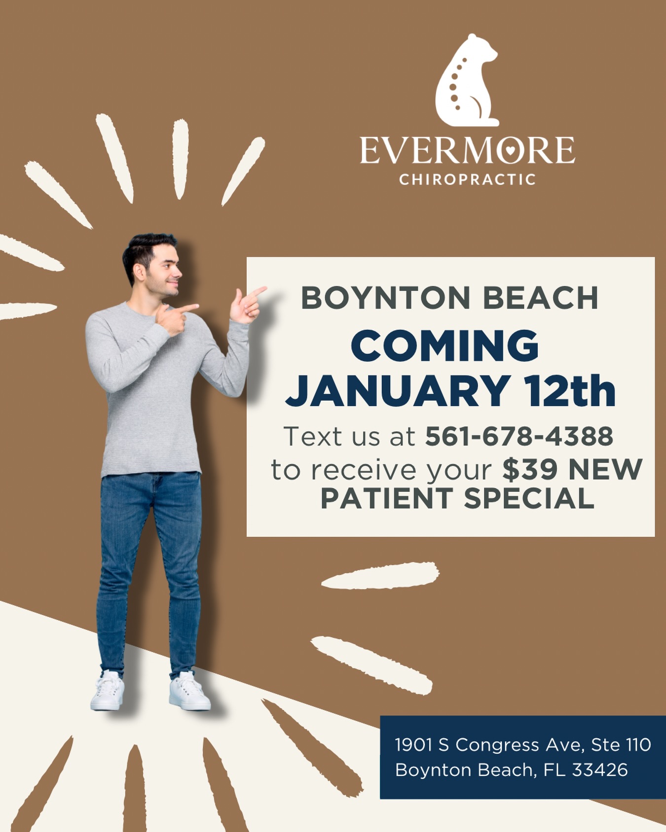 Pointing you toward better days (and better posture).
Evermore Chiropractic is opening January 12th in Boynton Beach.
Text us for our $39 new patient special and let’s get you moving right. #boyntonbeach #boyntonbeachchiropractor #palmbeachcounty #palmbeachchiropractor #chiropractornearme