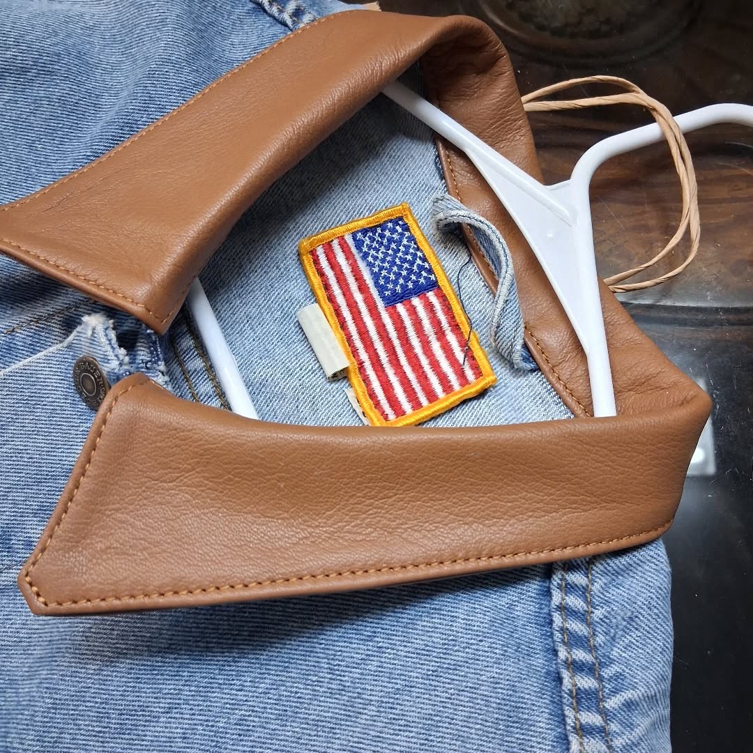 Installed a full leather collar on this Levi Jacket today. Full grain lamb skin. #levis #leatherwork #custom leather #leatherjacket #lamb