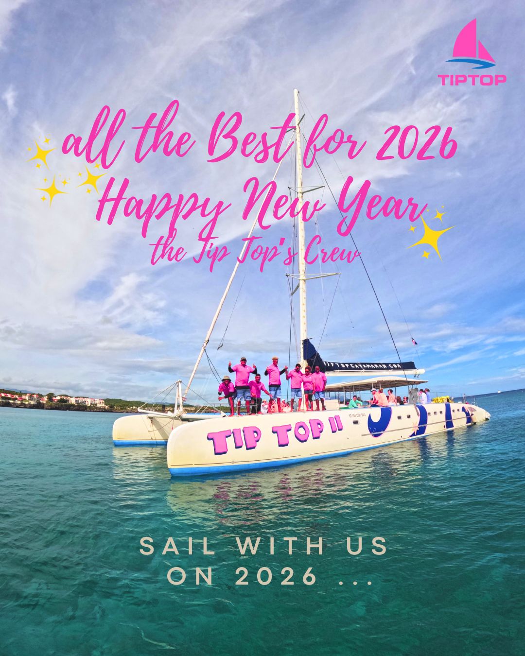 🇫🇷 L’équipe du Tip Top vous souhaite une Bonne année 2026 et se réjouit de vous retrouver pour de nouveaux instants de bonheur ⛵✨
Merci à toutes celles et ceux qui nous suivent, nous soutiennent et partagent l’aventure.
A très bientôt à bord du #tiptopcatamaran
🇬🇧 The Tip Top crew wishes you a Happy New Year 2026 and looks forward to welcoming you aboard for more moments of happiness ⛵✨
Thank you to everyone who follows us, supports us, and shares in the adventure.
See you soon aboard #tiptopcatamaran
🇪🇸 El equipo del Tip Top les desea un Feliz Año 2026 y espera volver a verlos a bordo para disfrutar de nuevos momentos de felicidad ⛵✨
Gracias a todos los que nos siguen, nos apoyan y comparten esta aventura.
Nos vemos muy pronto a bordo del catamarán Tip Top.
#northcoastdominicanrepublic #islandlife #catamaran #snorkeling🐠 #thingstodoinpuertoplata