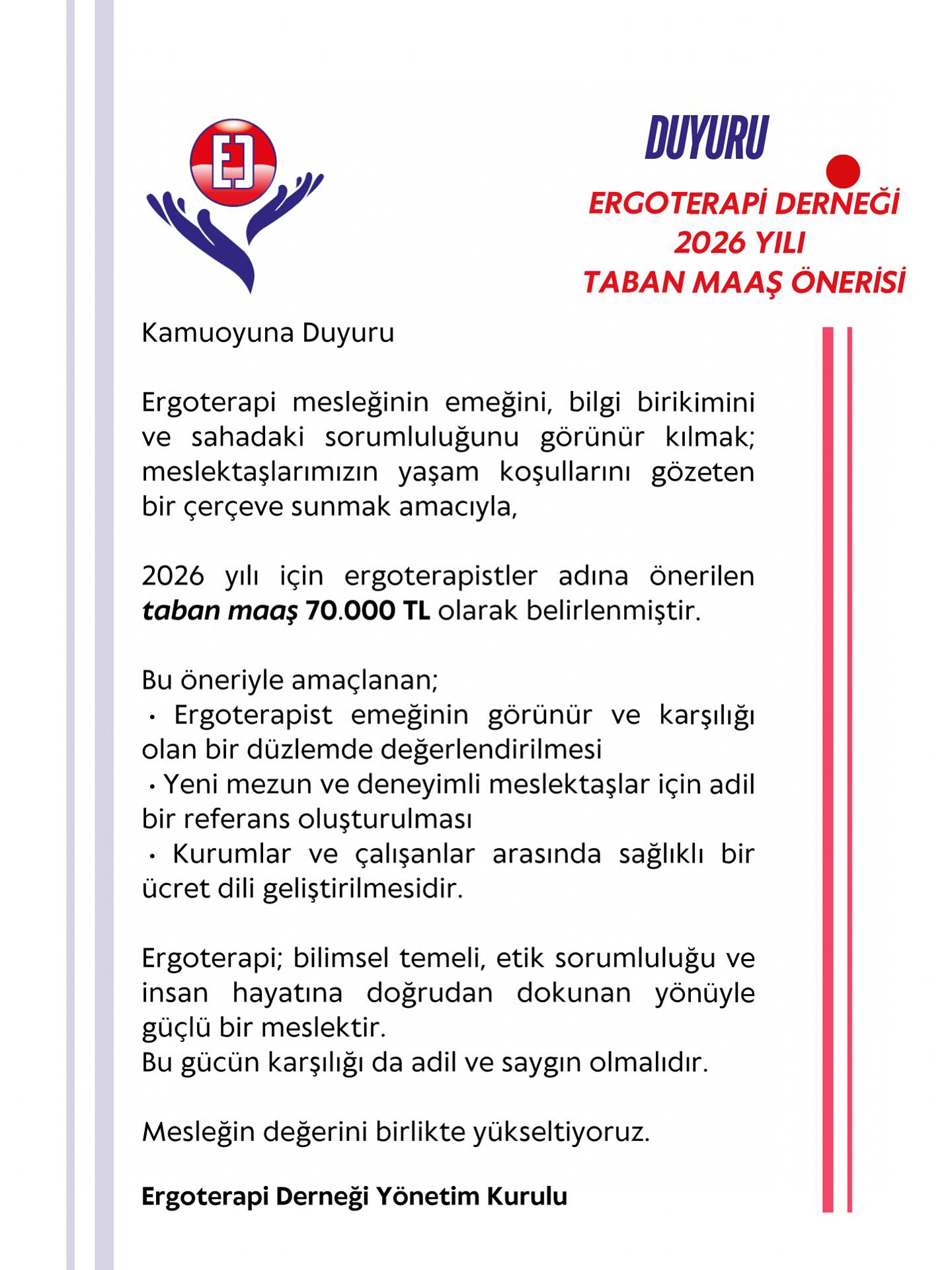 Ergoterapi Derneği 2026 yılı Taban Maaş Önerisi