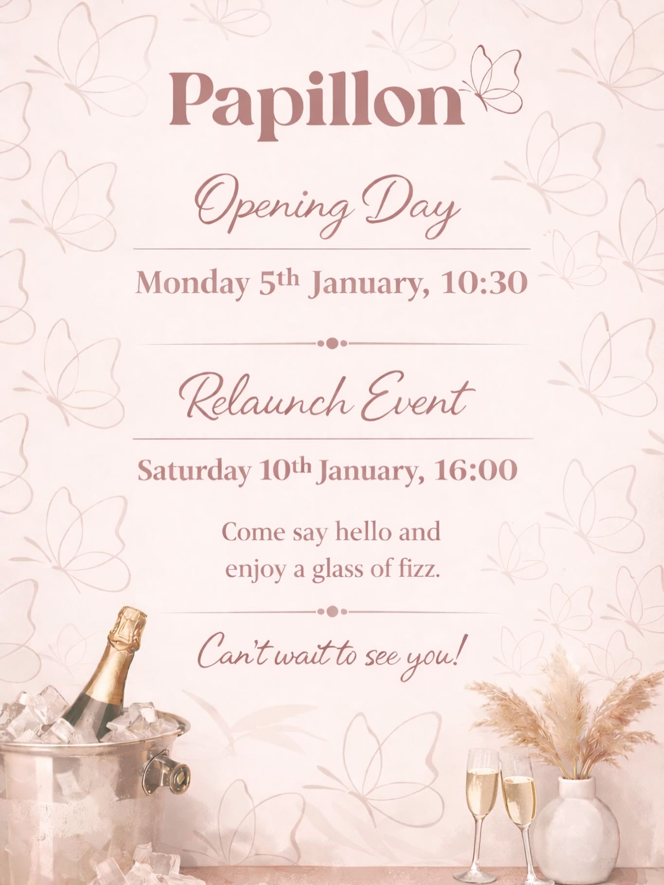 It’s happening! We’re opening on 5th January at 10:30am 🎉
And because a fresh start deserves a little celebration, I am doing a relaunch event on Saturday 10th where you can pop in to see us and have a glass of fizz 🥂