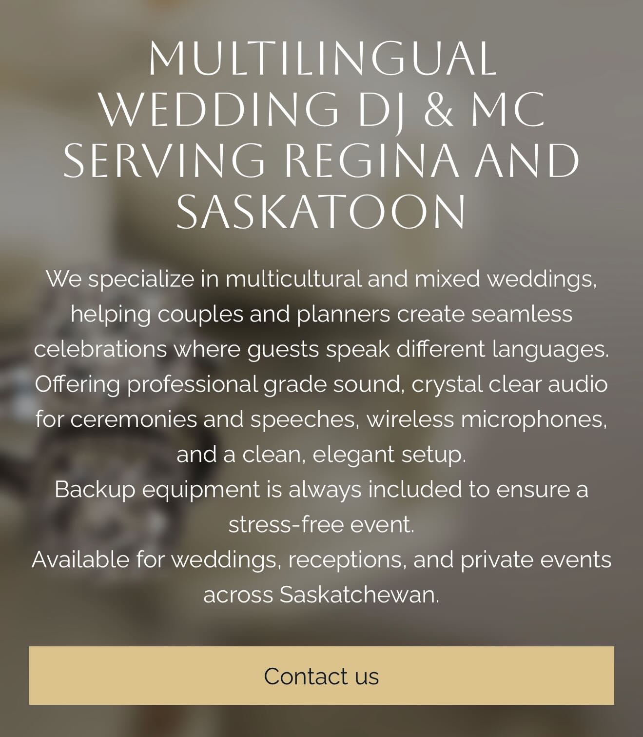 Hello, friends 🧡
Website updated!
I’ve refreshed my website to better reflect how I create modern weddings.
As a DJ & MC, I host in multiple languages, play music from diverse cultures, and guide the flow of the celebration, making sure every guest feels included and the party keeps moving.
If you’re planning a wedding in Saskatchewan and want a truly personalized, modern experience, I’d love to hear from you.
🔗 Link in bio
#saskatchewanwedding #reginawedding #saskatoonwedding #modernwedding #multilingualdj