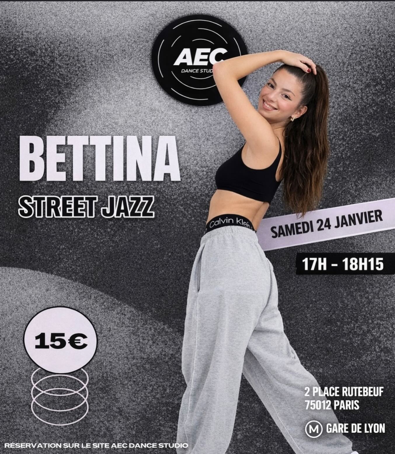 STREET JAZZ AVEC BETTINA
Niveau débutant/ intermédiaire
Samedi 24 janvier de 17h à 18h15
AECDANCESTUDIO
2 place rutebeuf, PARIS 12
Réservation lien en bio ✨