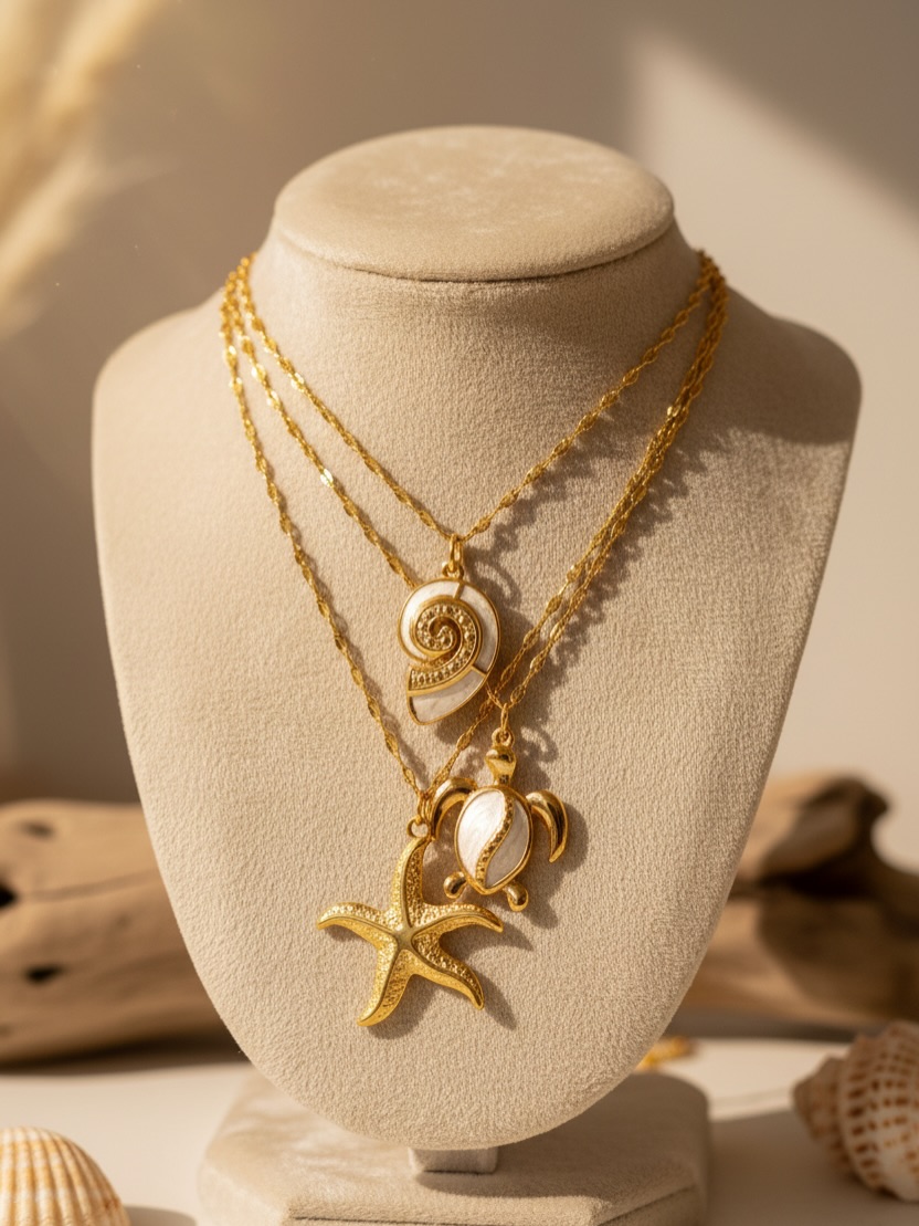 Set three Stainless Steel Tortoise, Starfish, Conch, Waterproof Non Tarnish Surgical Steel Marine Style Pendant Necklace.